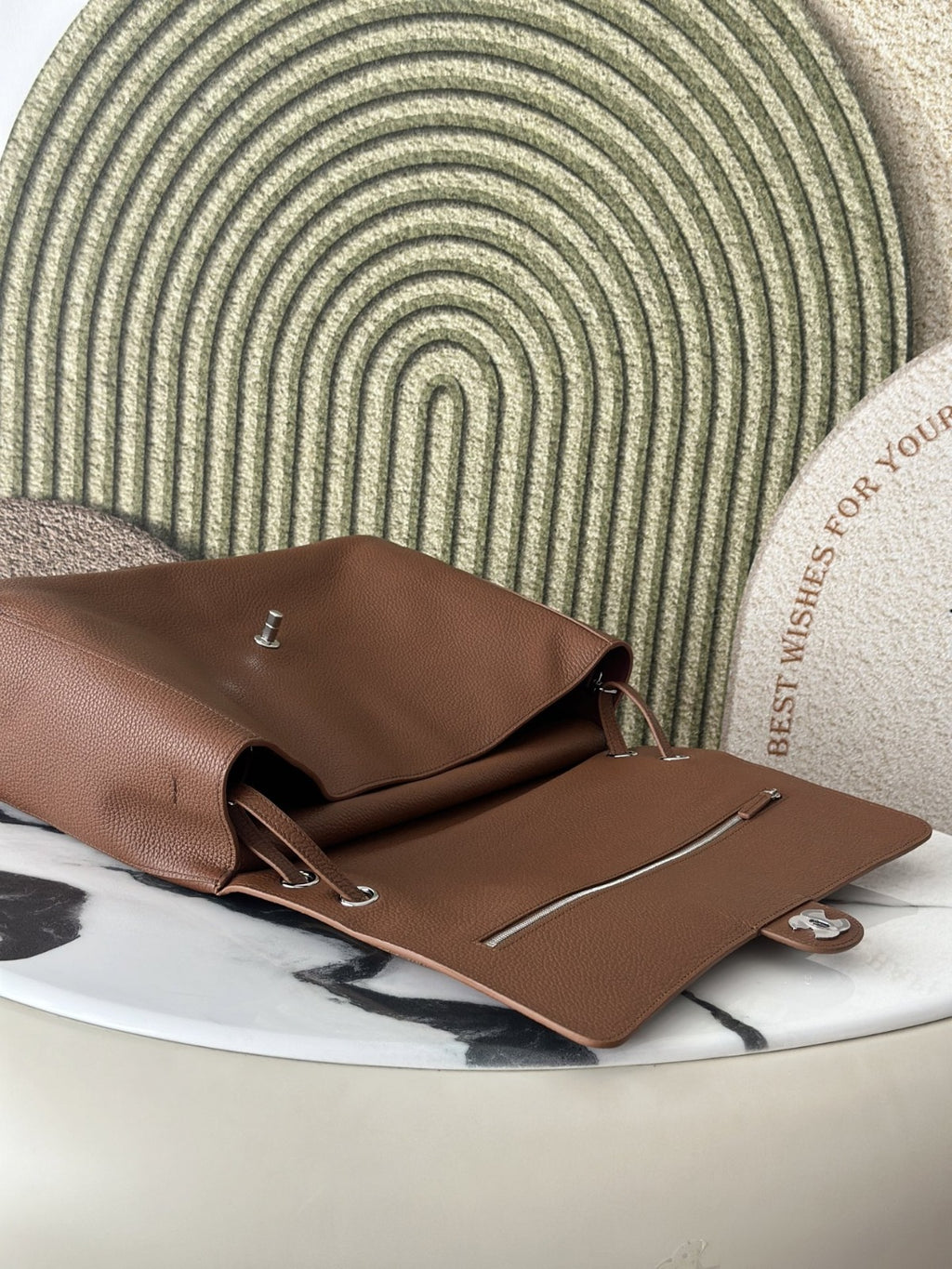 Camel Grained Leather & Silver Metal  Maxi Flap Bag