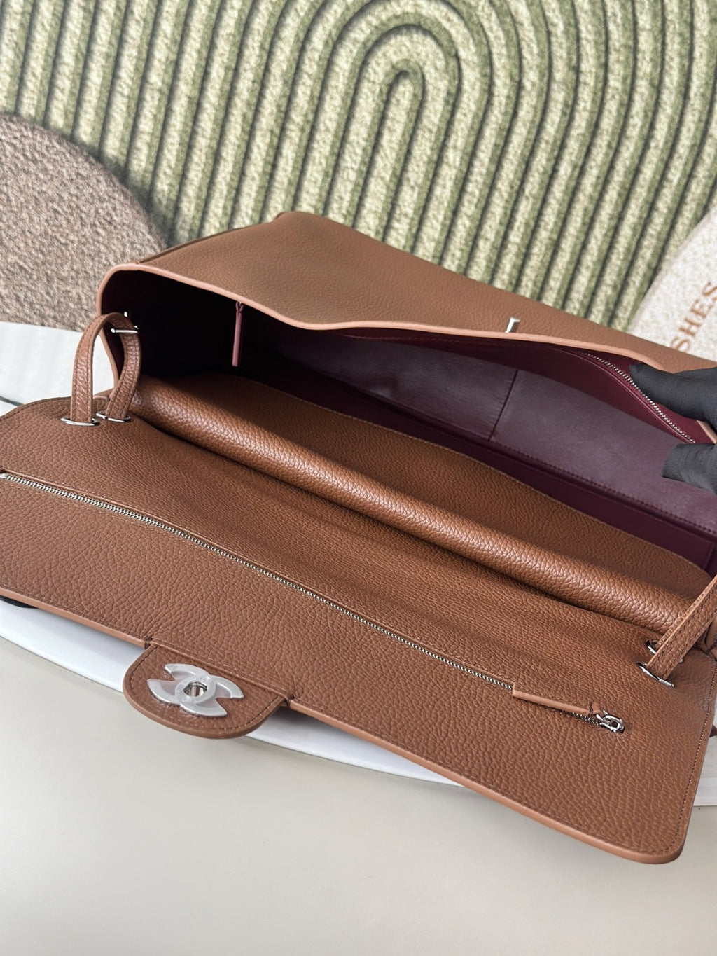 Camel Grained Leather & Silver Metal  Maxi Flap Bag