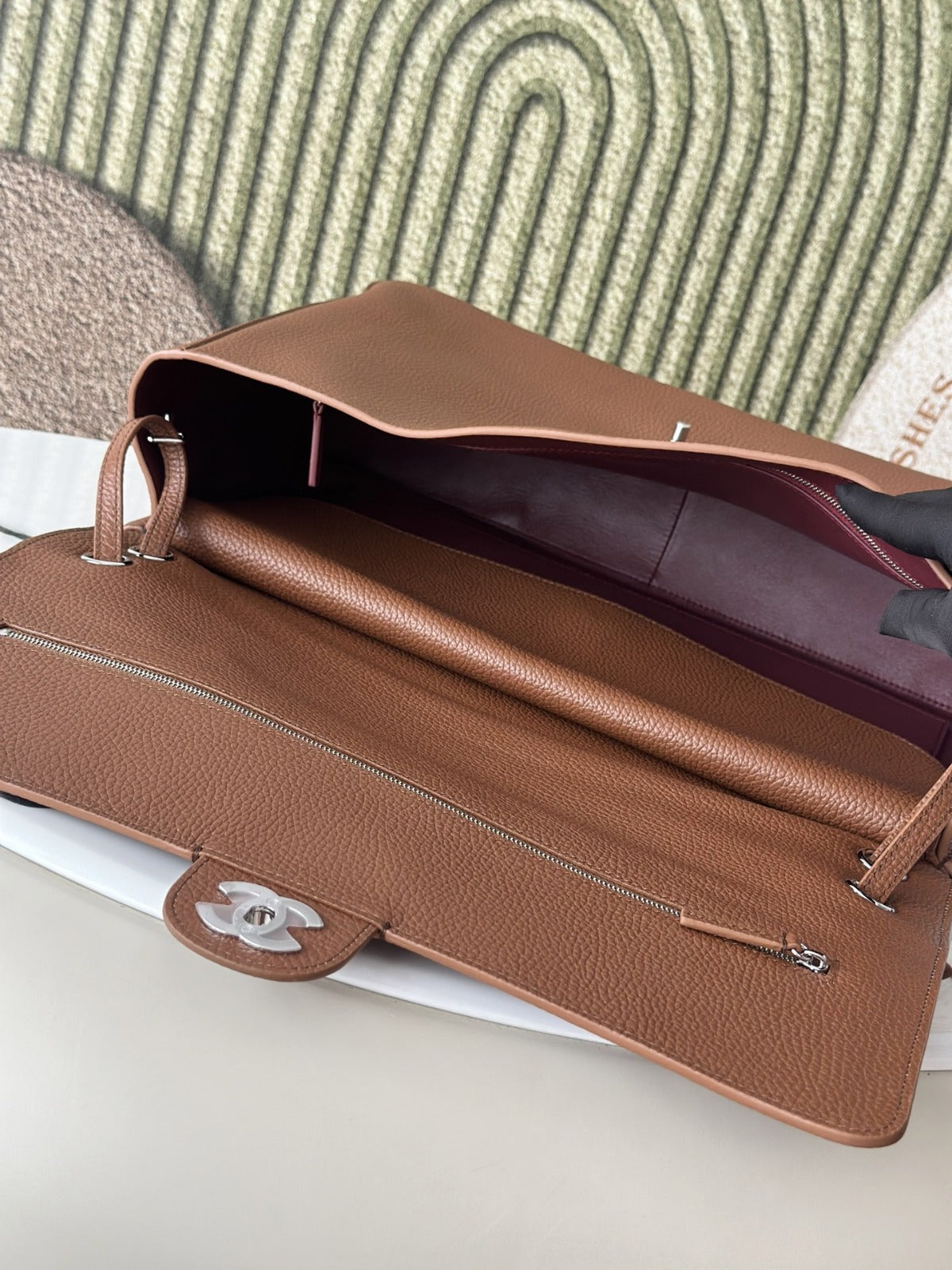 Camel Grained Leather & Silver Metal  Maxi Flap Bag