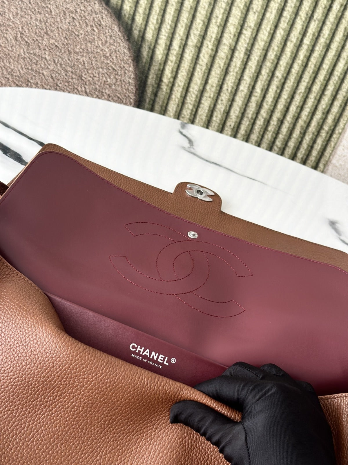 Camel Grained Leather & Silver Metal  Maxi Flap Bag