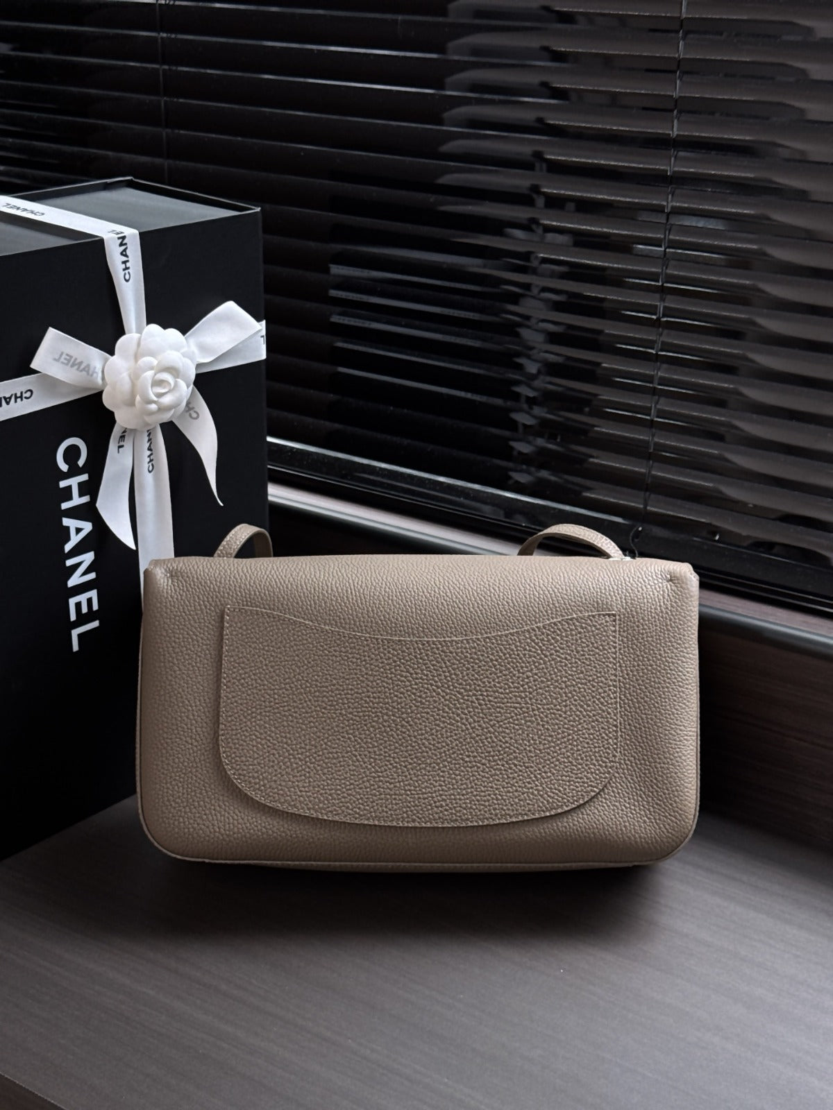 Dark Khaki Grained Leather & Gold Metal Maxi Flap Bag