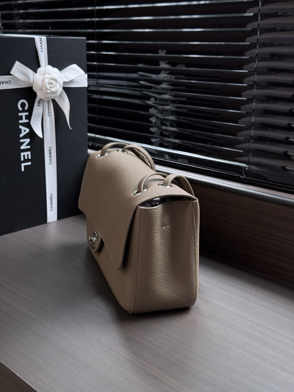 Dark Khaki Grained Leather & Gold Metal Maxi Flap Bag