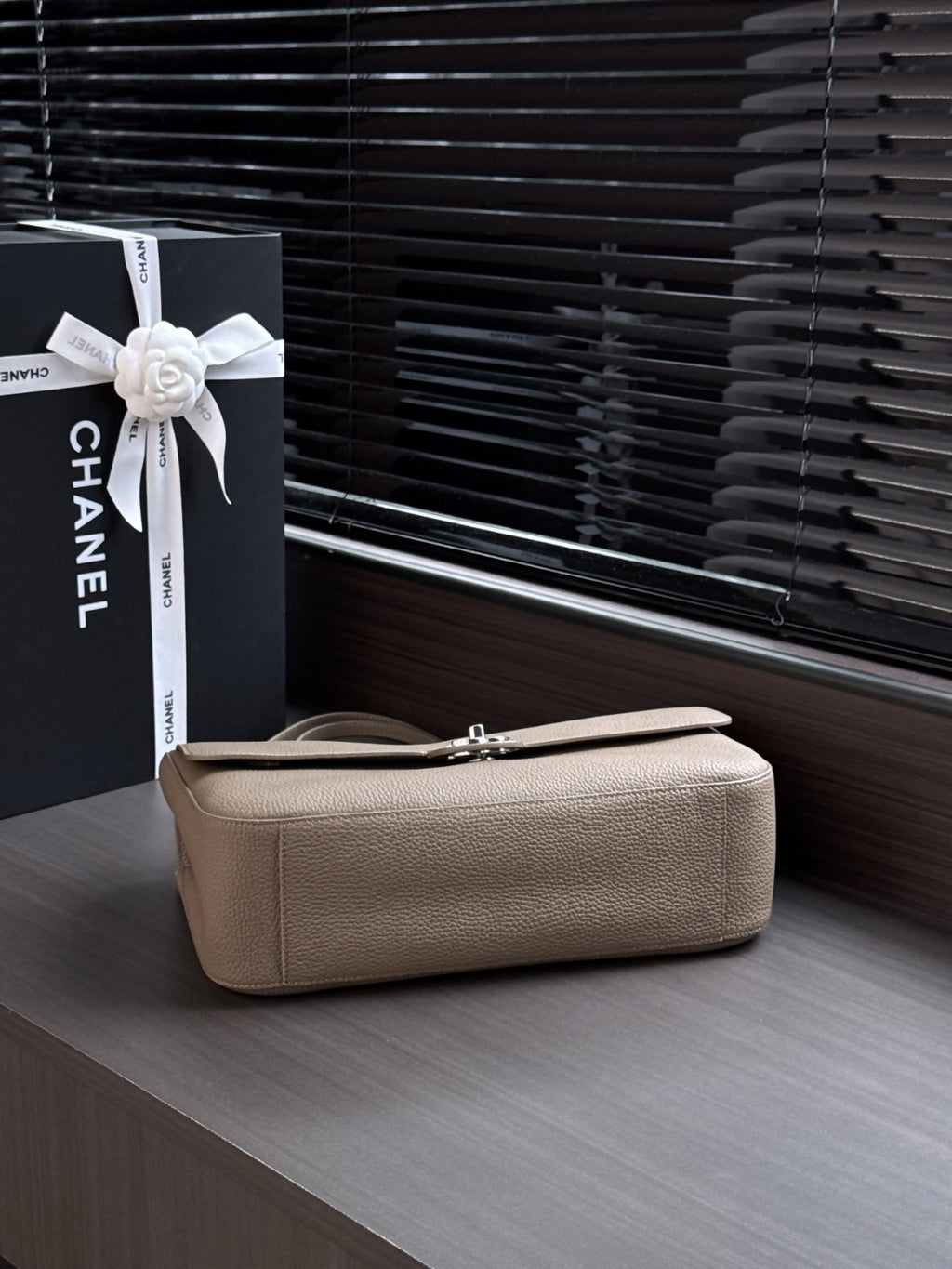 Dark Khaki Grained Leather & Gold Metal Maxi Flap Bag