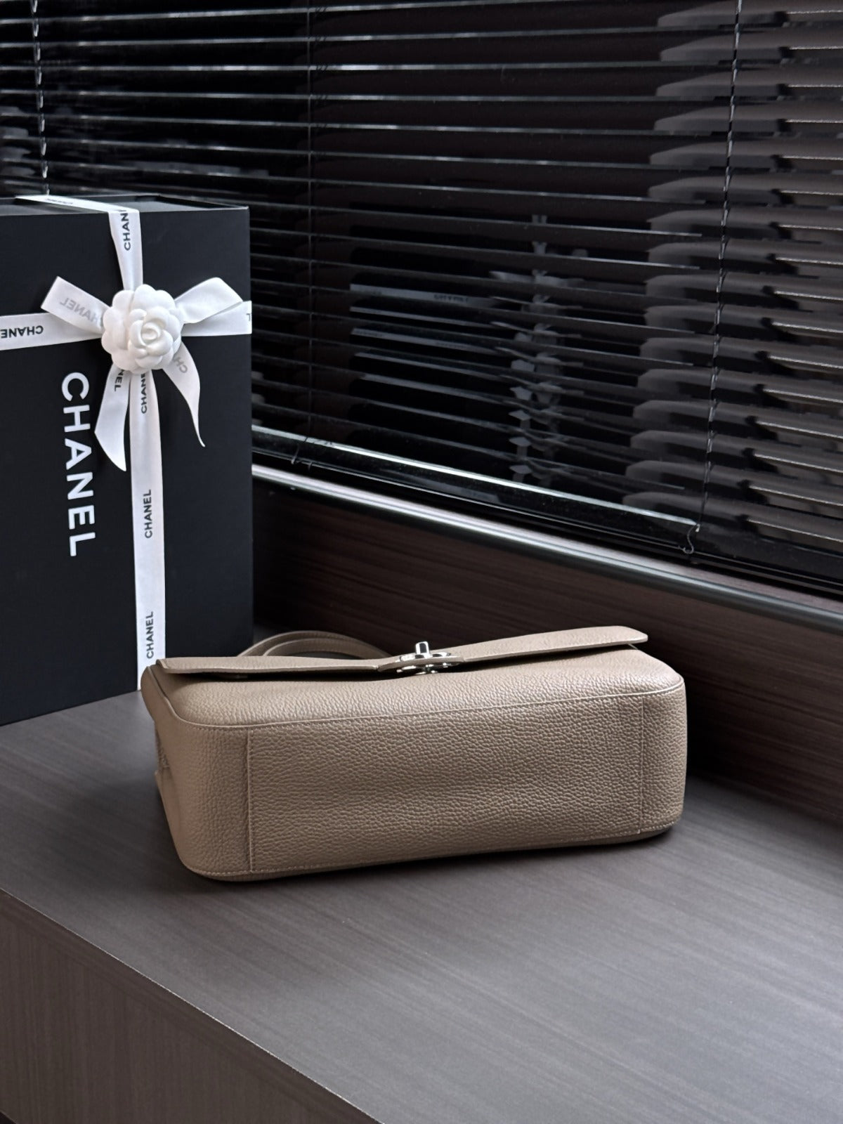 Dark Khaki Grained Leather & Gold Metal Maxi Flap Bag