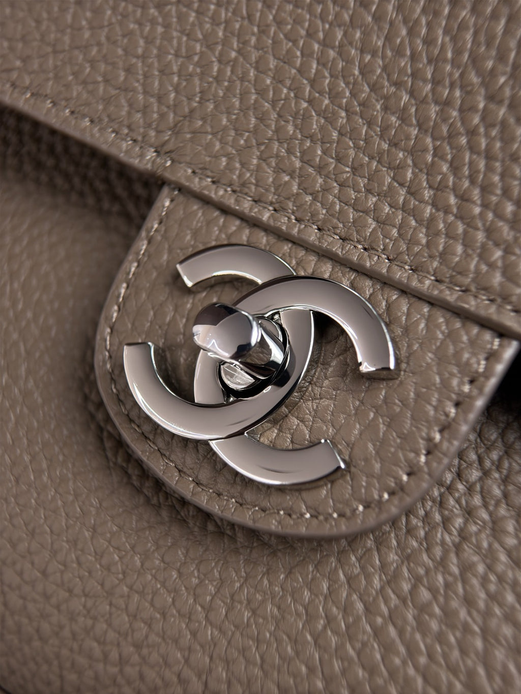 Dark Khaki Grained Leather & Gold Metal Maxi Flap Bag