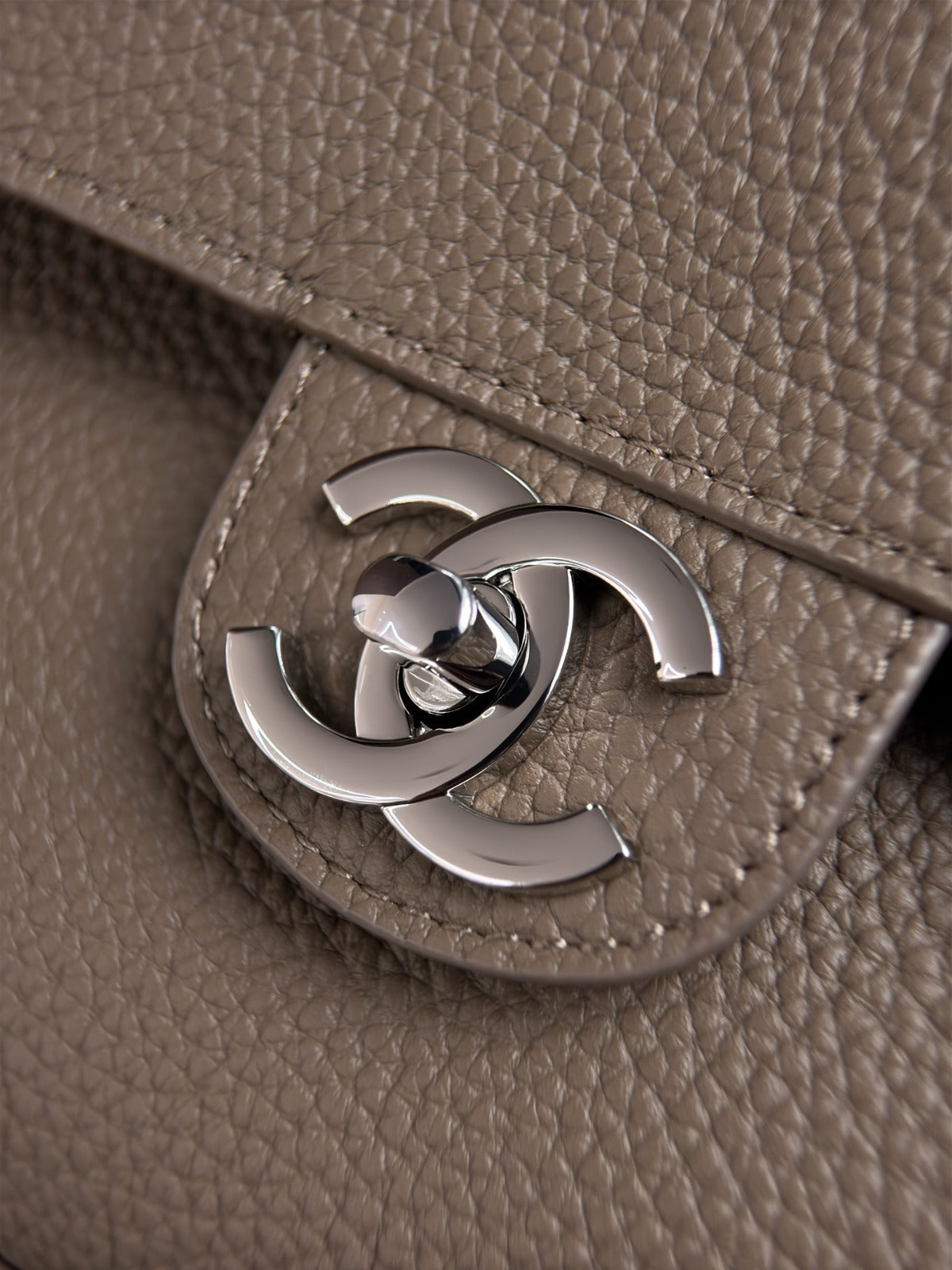 Dark Khaki Grained Leather & Gold Metal Maxi Flap Bag