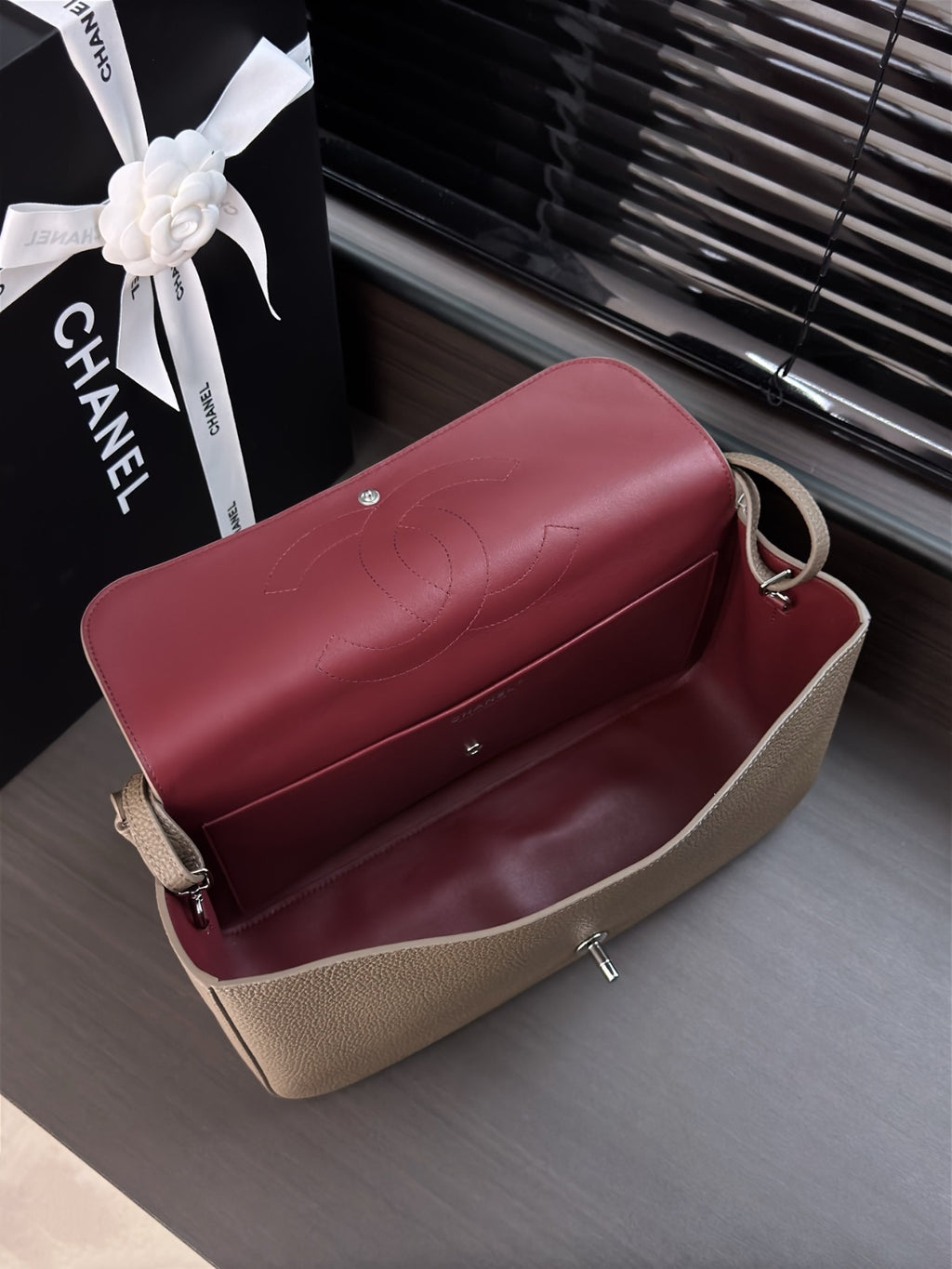 Dark Khaki Grained Leather & Gold Metal Maxi Flap Bag