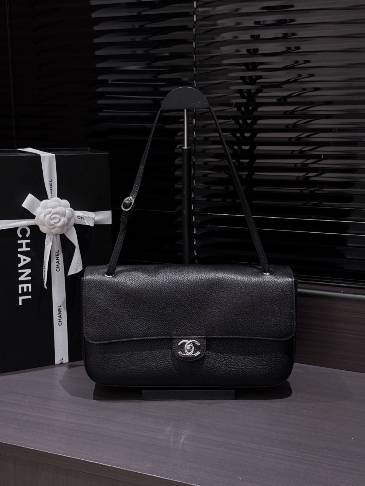Black Grained Leather & Silver Metal Maxi Flap Bag