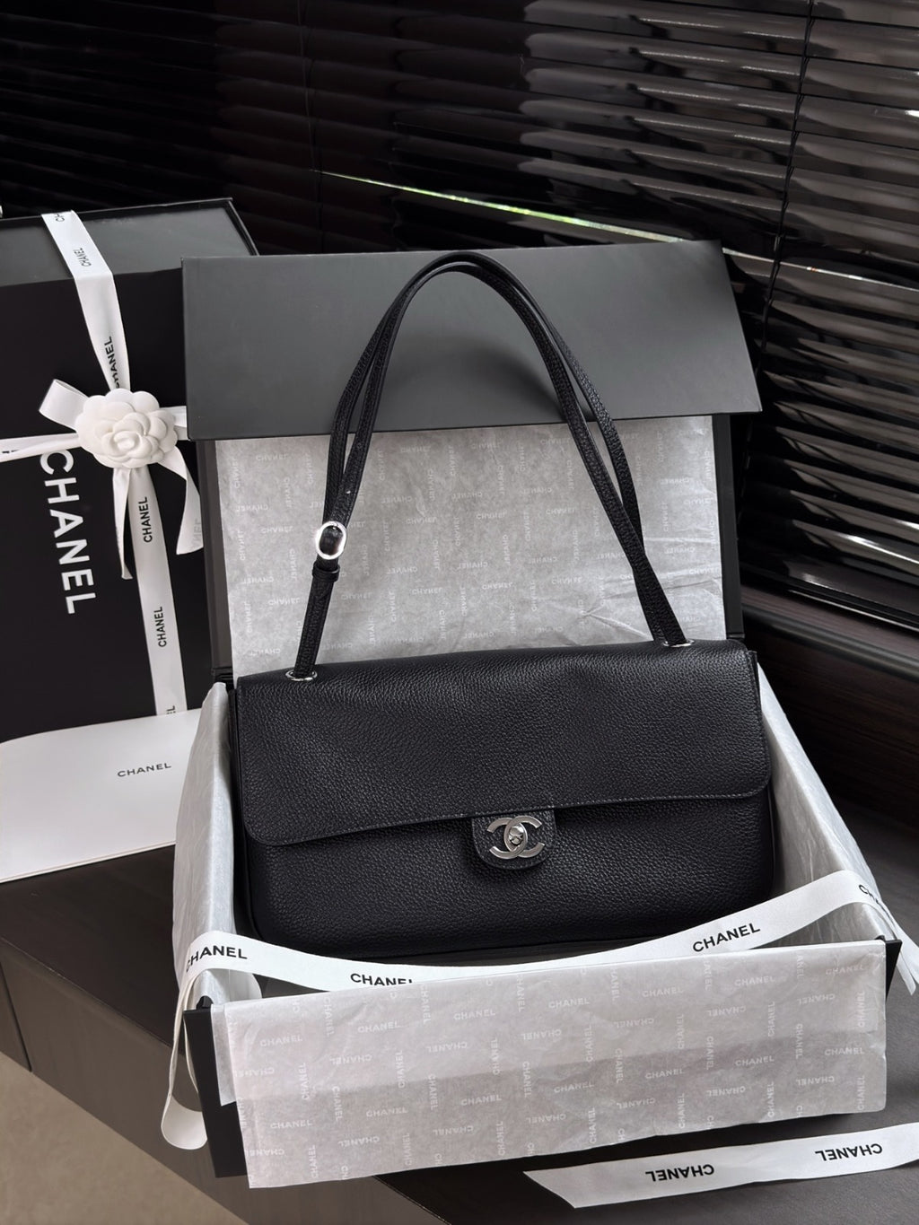 Black Grained Leather & Silver Metal Maxi Flap Bag