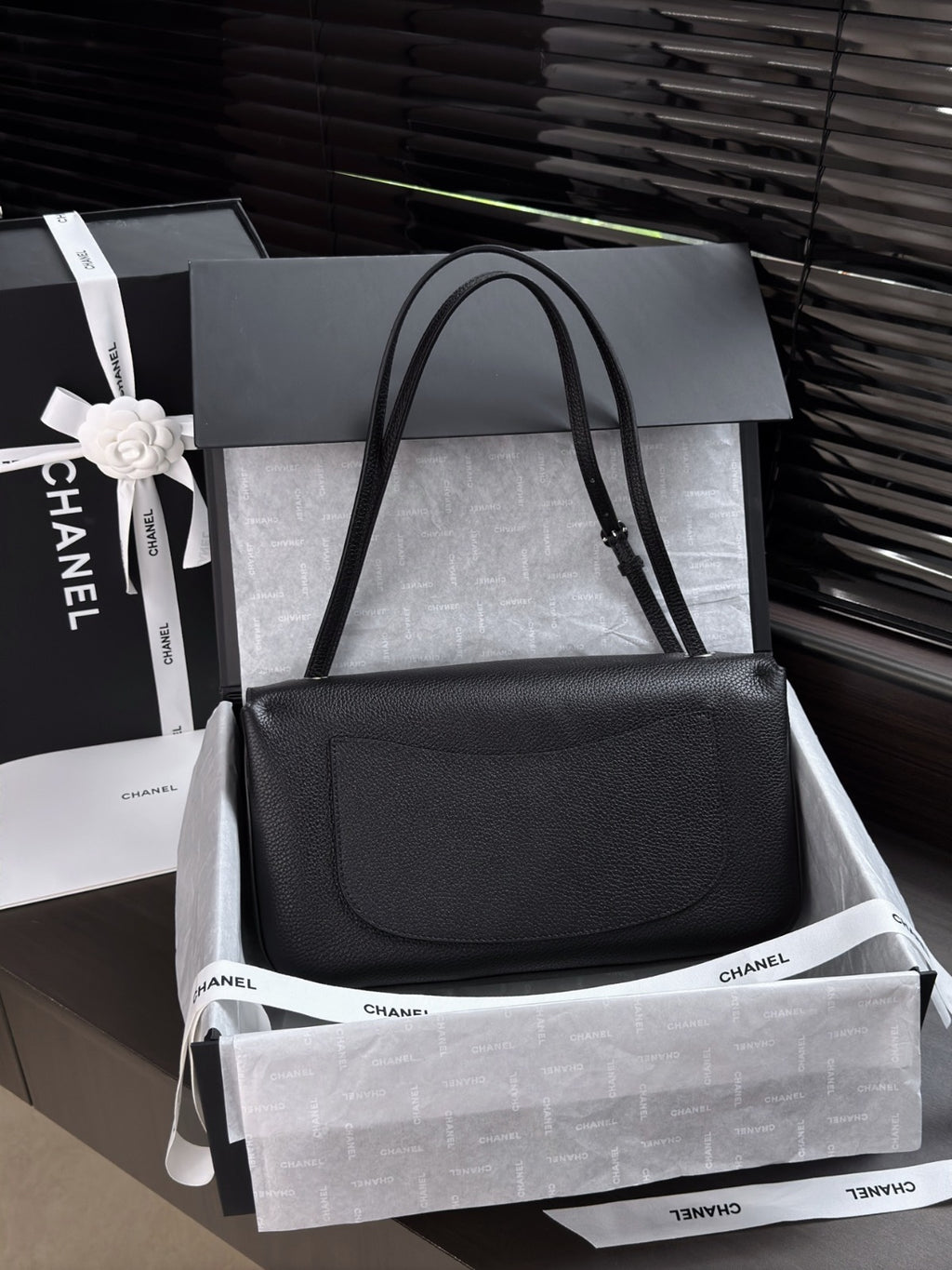 Black Grained Leather & Silver Metal Maxi Flap Bag