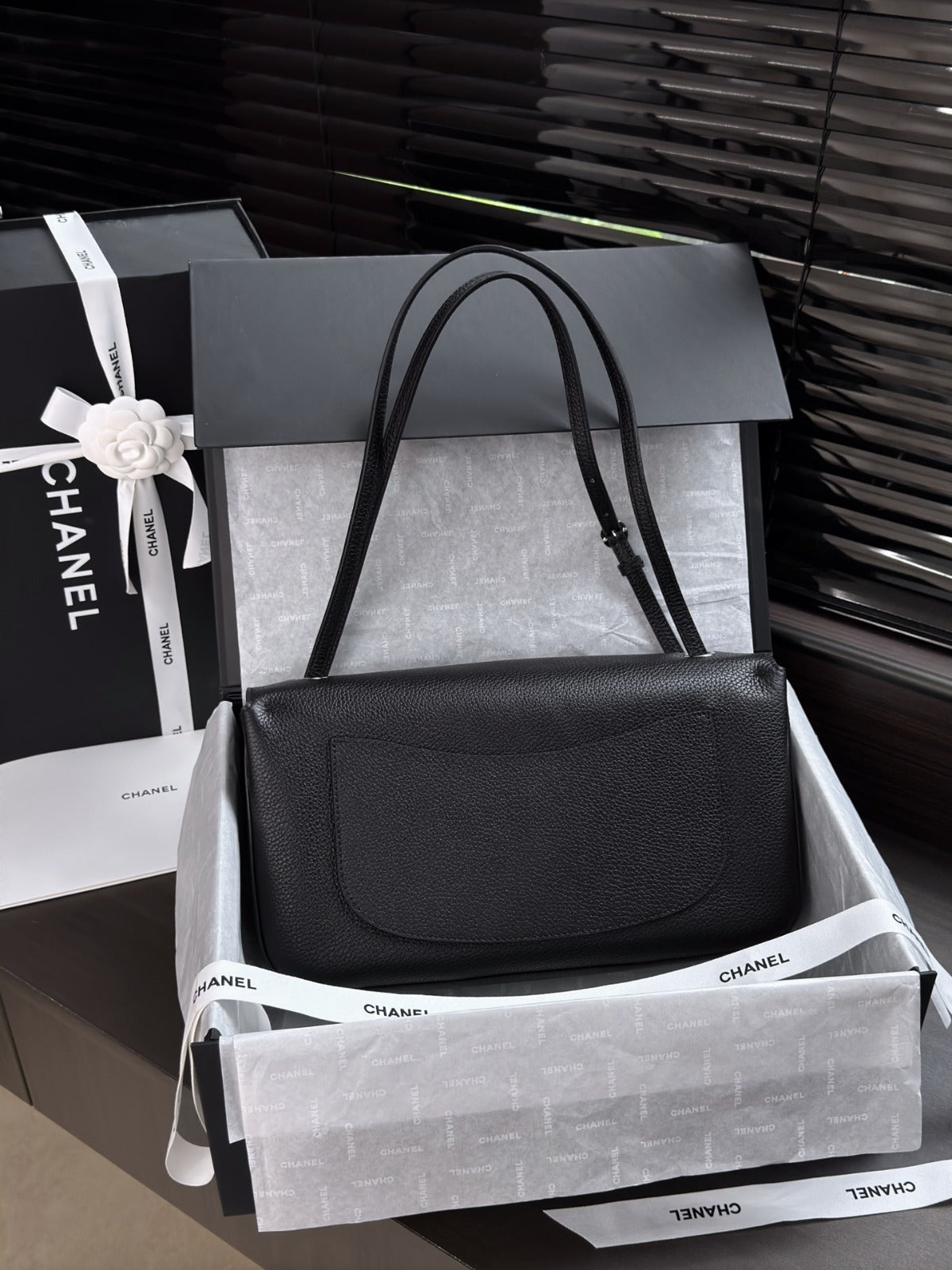 Black Grained Leather & Silver Metal Maxi Flap Bag