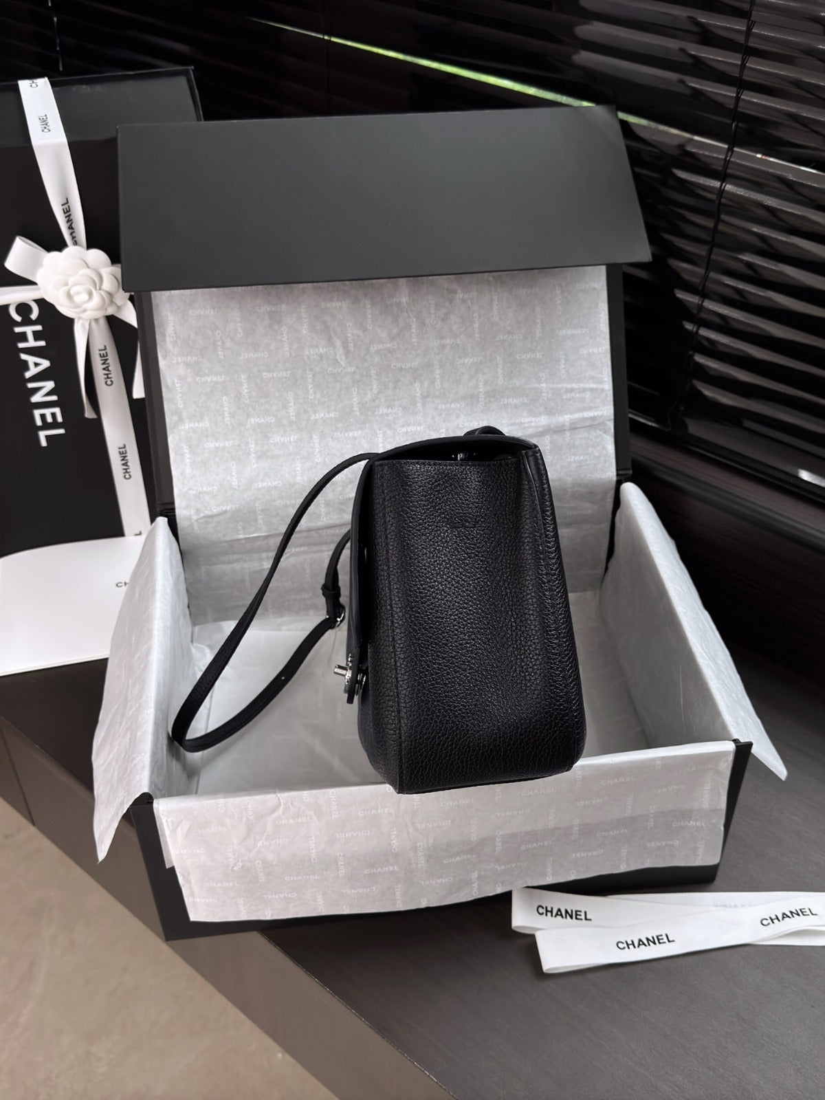 Black Grained Leather & Silver Metal Maxi Flap Bag