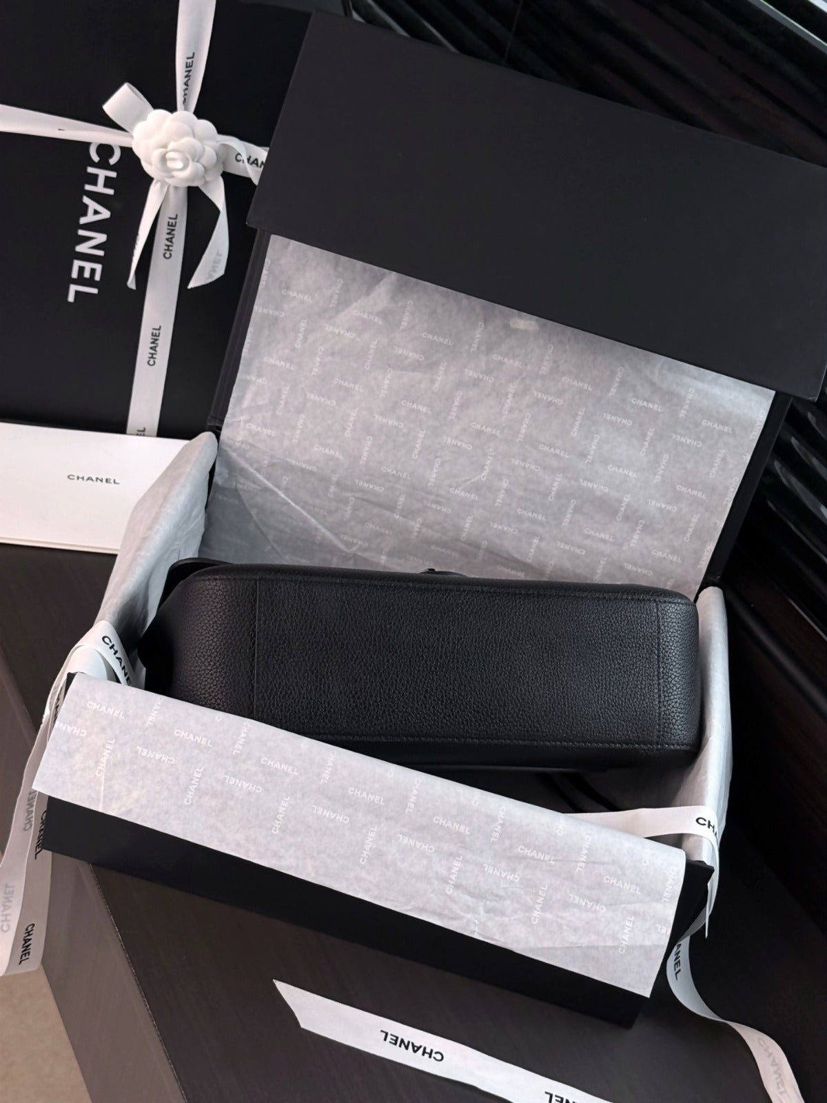 Black Grained Leather & Silver Metal Maxi Flap Bag