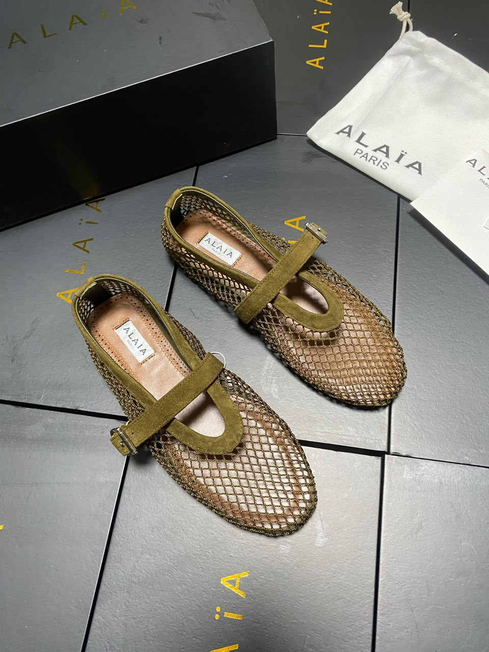 Army Green Suede-Trimmed Mesh Ballet Flats 3
