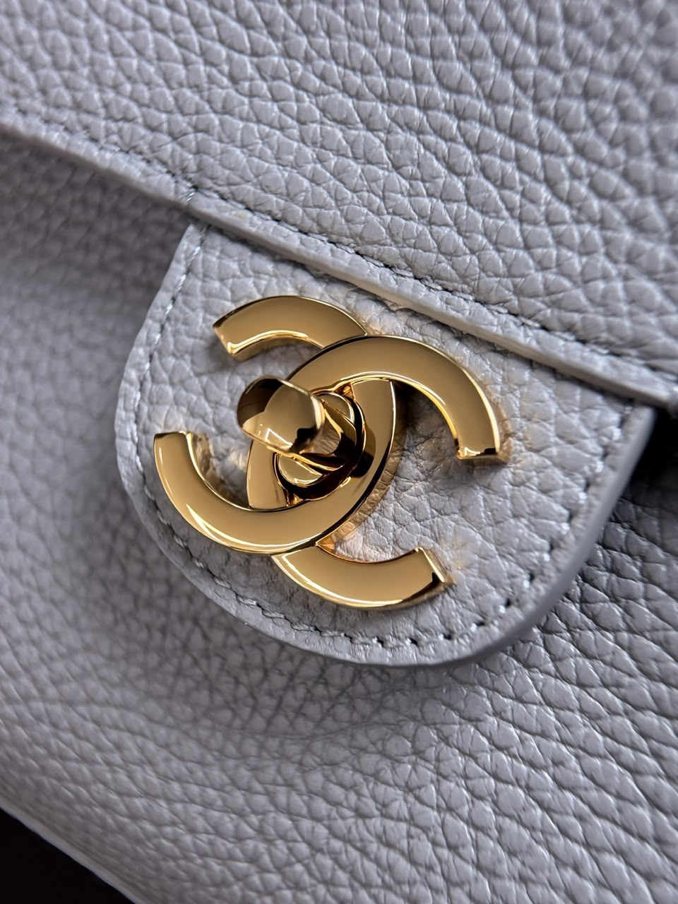 Gray Grained Leather & Gold Metal Maxi Flap Bag