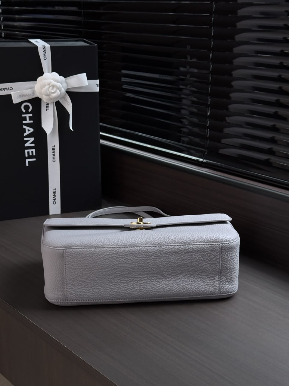 Gray Grained Leather & Gold Metal Maxi Flap Bag