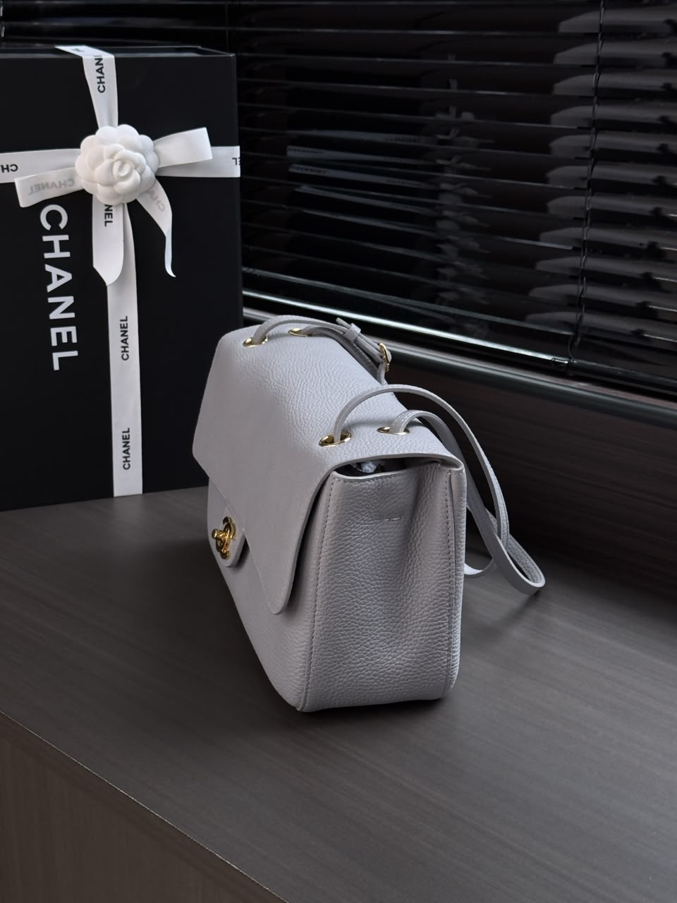 Gray Grained Leather & Gold Metal Maxi Flap Bag