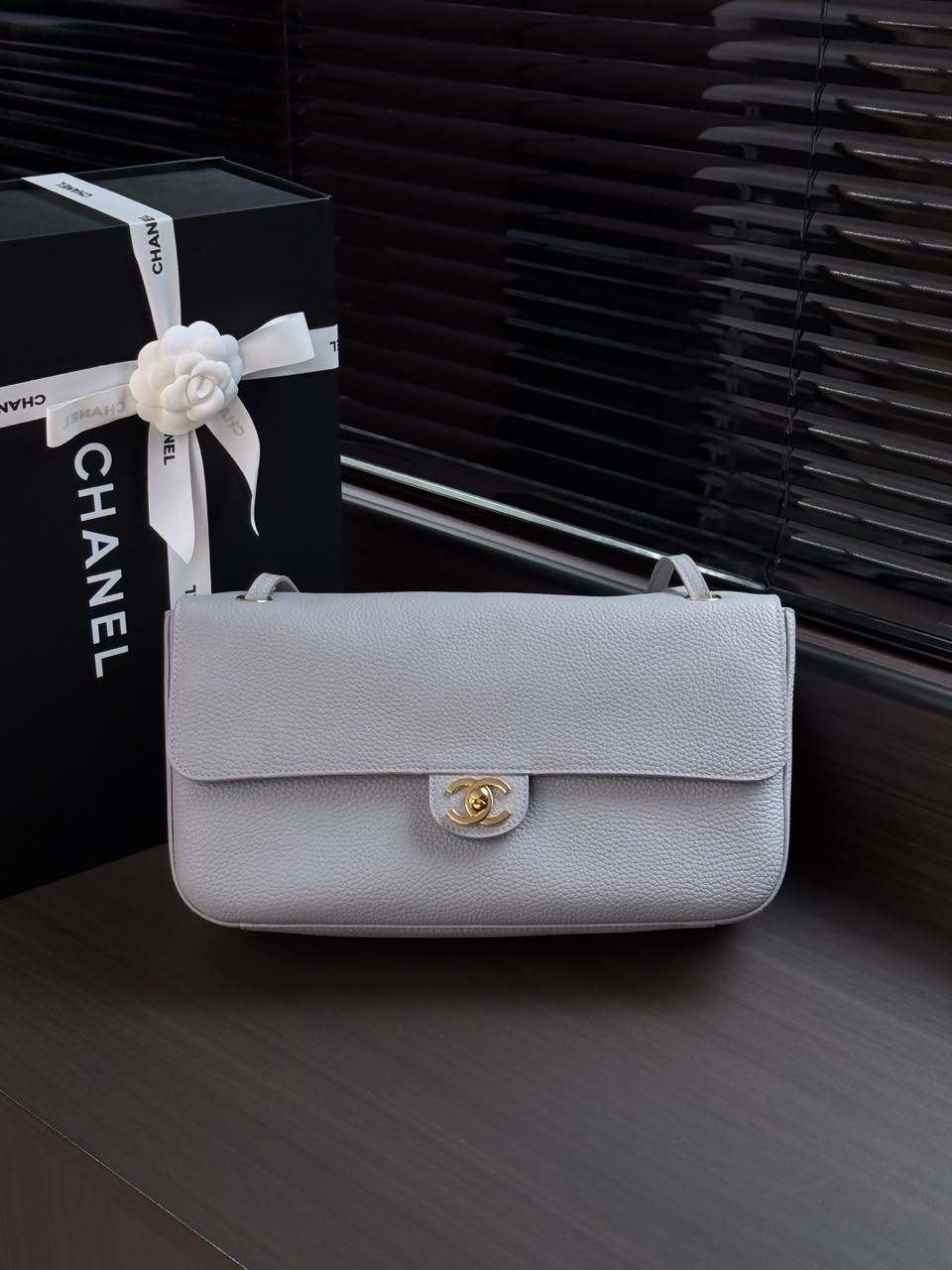 Gray Grained Leather & Gold Metal Maxi Flap Bag