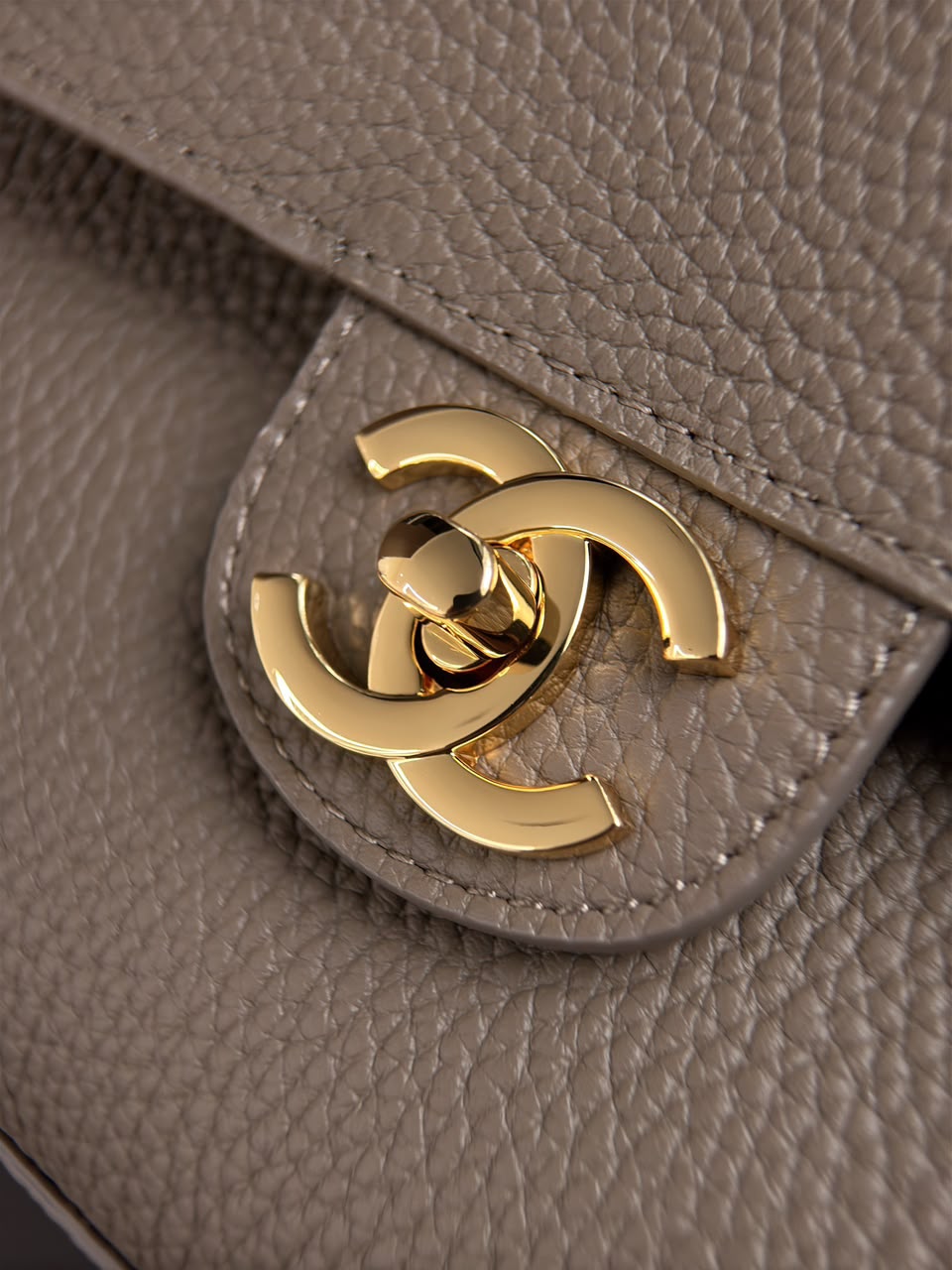 Light Brown Grained Leather & Silver Metal Maxi Flap Bag