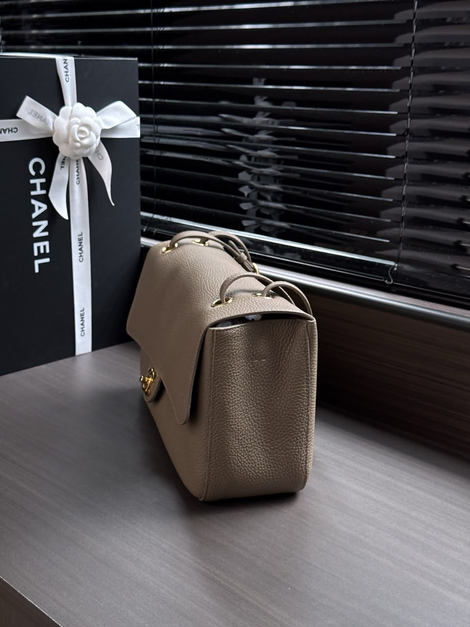Light Brown Grained Leather & Silver Metal Maxi Flap Bag
