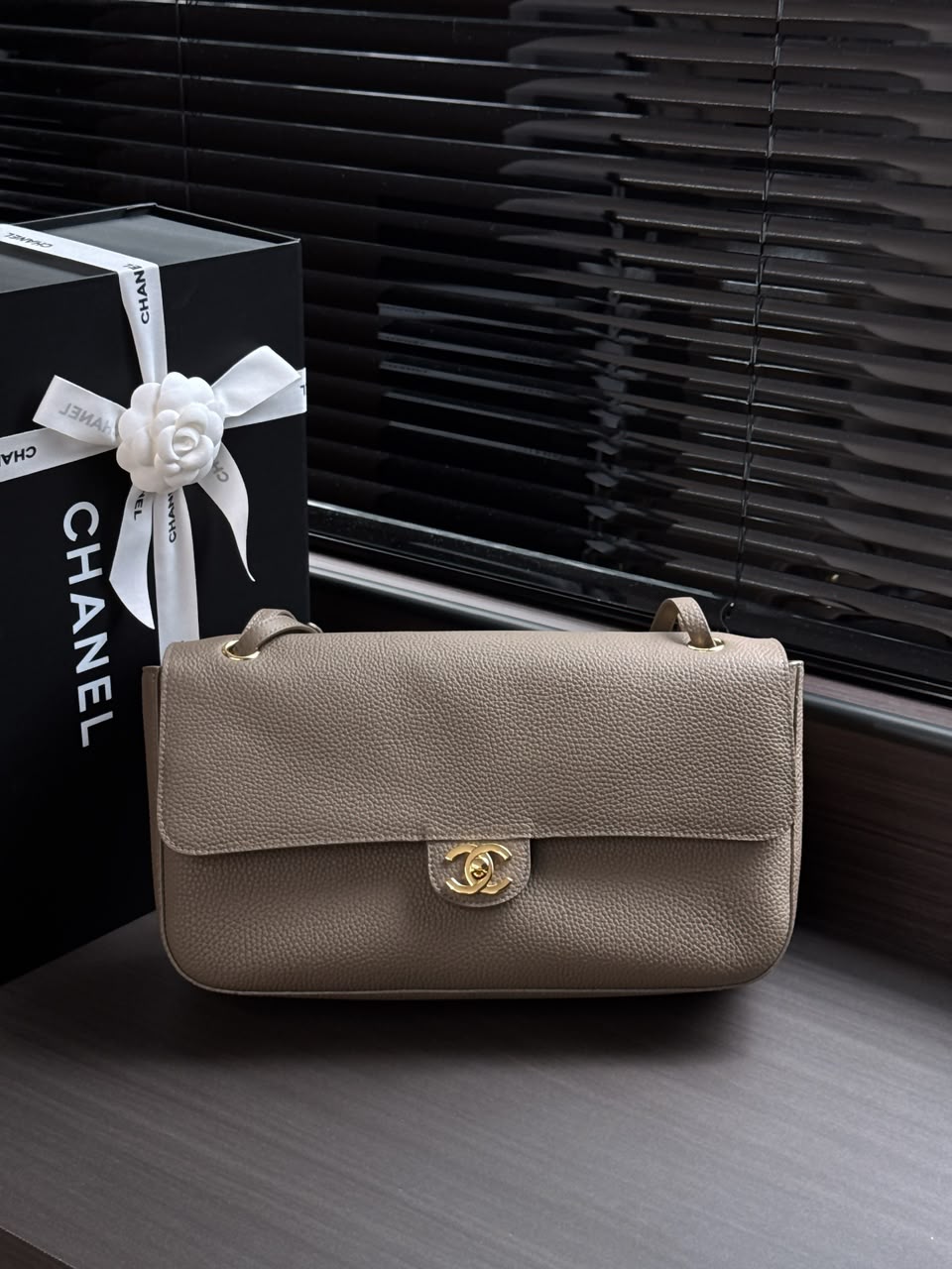 Light Brown Grained Leather & Silver Metal Maxi Flap Bag
