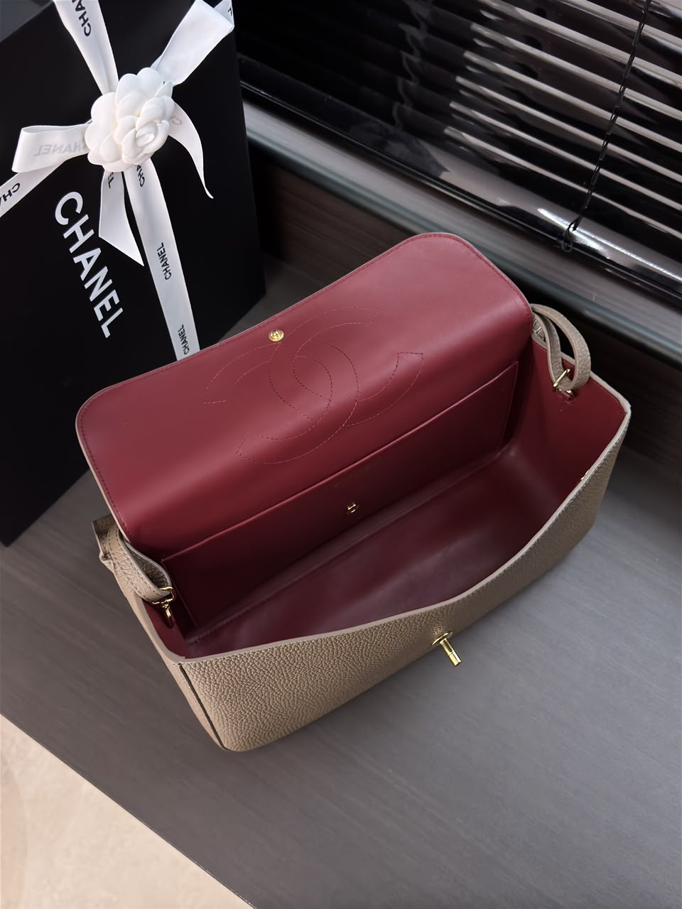 Light Brown Grained Leather & Silver Metal Maxi Flap Bag