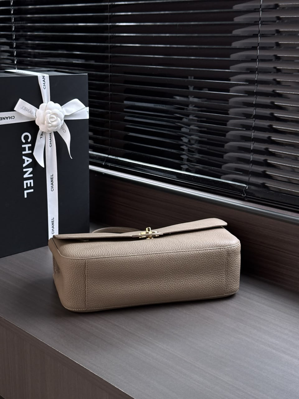 Light Brown Grained Leather & Silver Metal Maxi Flap Bag
