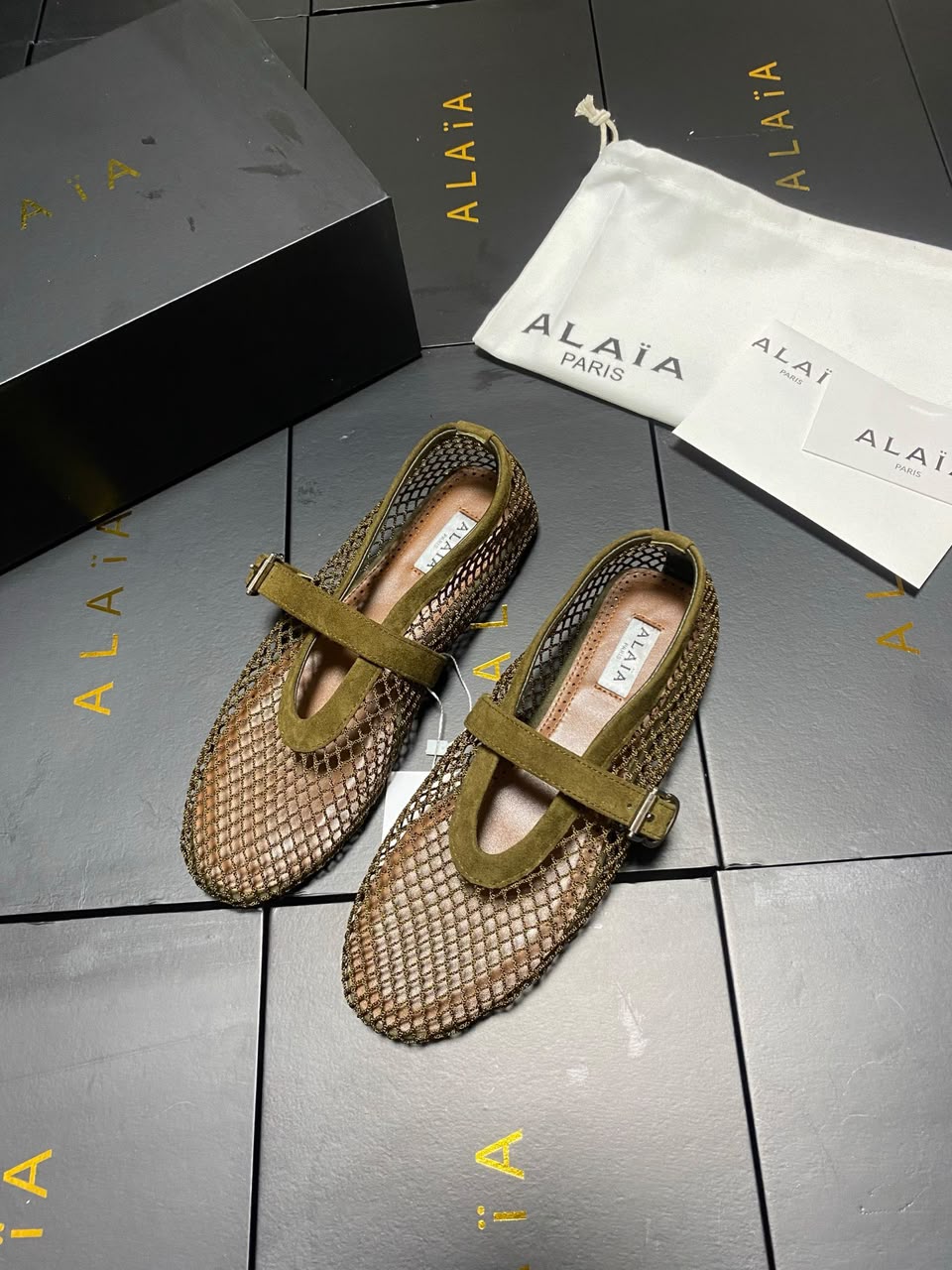 Army Green Suede-Trimmed Mesh Ballet Flats 4
