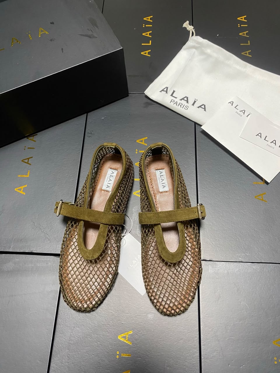 Army Green Suede-Trimmed Mesh Ballet Flats 2