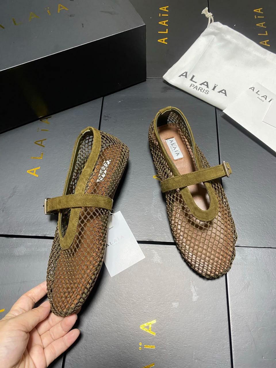 Army Green Suede-Trimmed Mesh Ballet Flats 5
