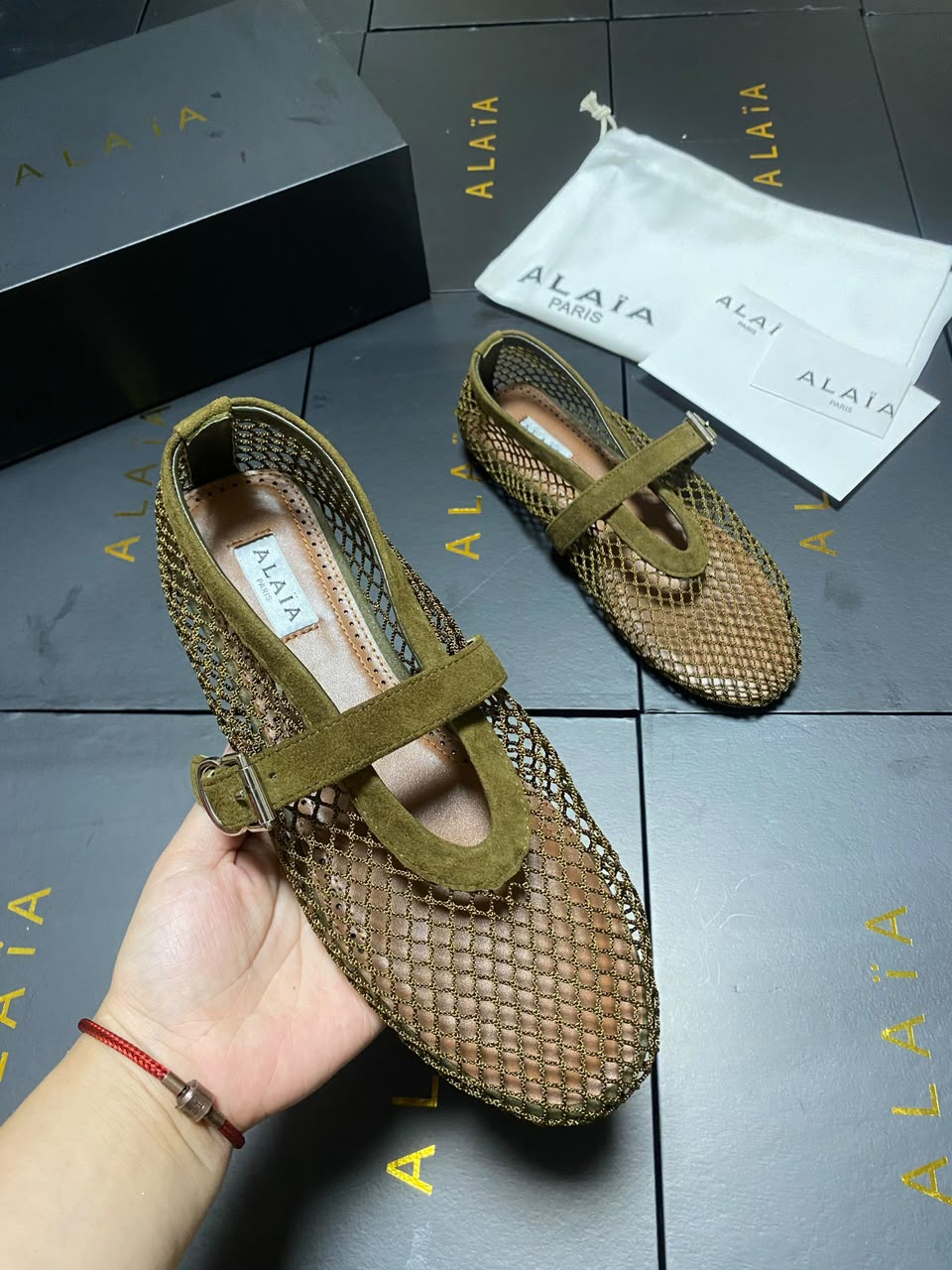 Army Green Suede-Trimmed Mesh Ballet Flats 6