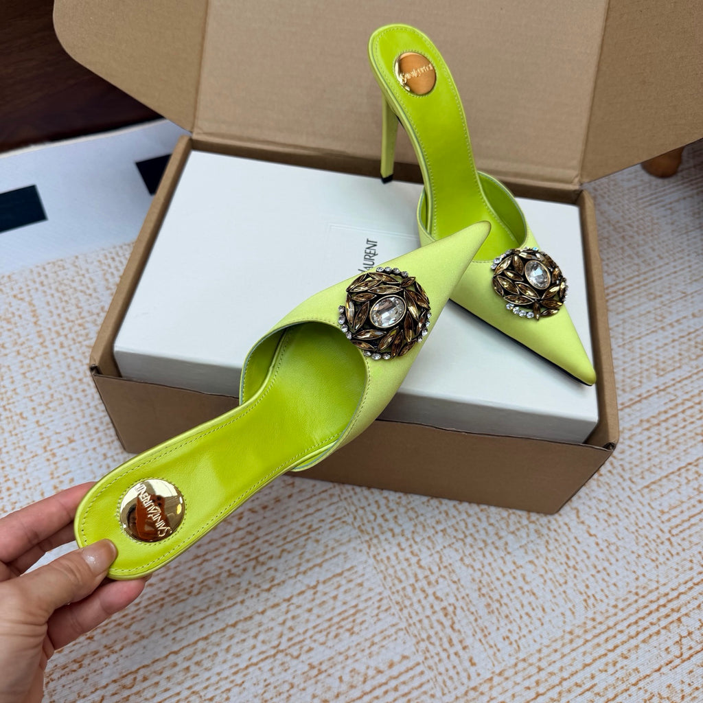 Lemon Green Cosmo Mules In Satin
