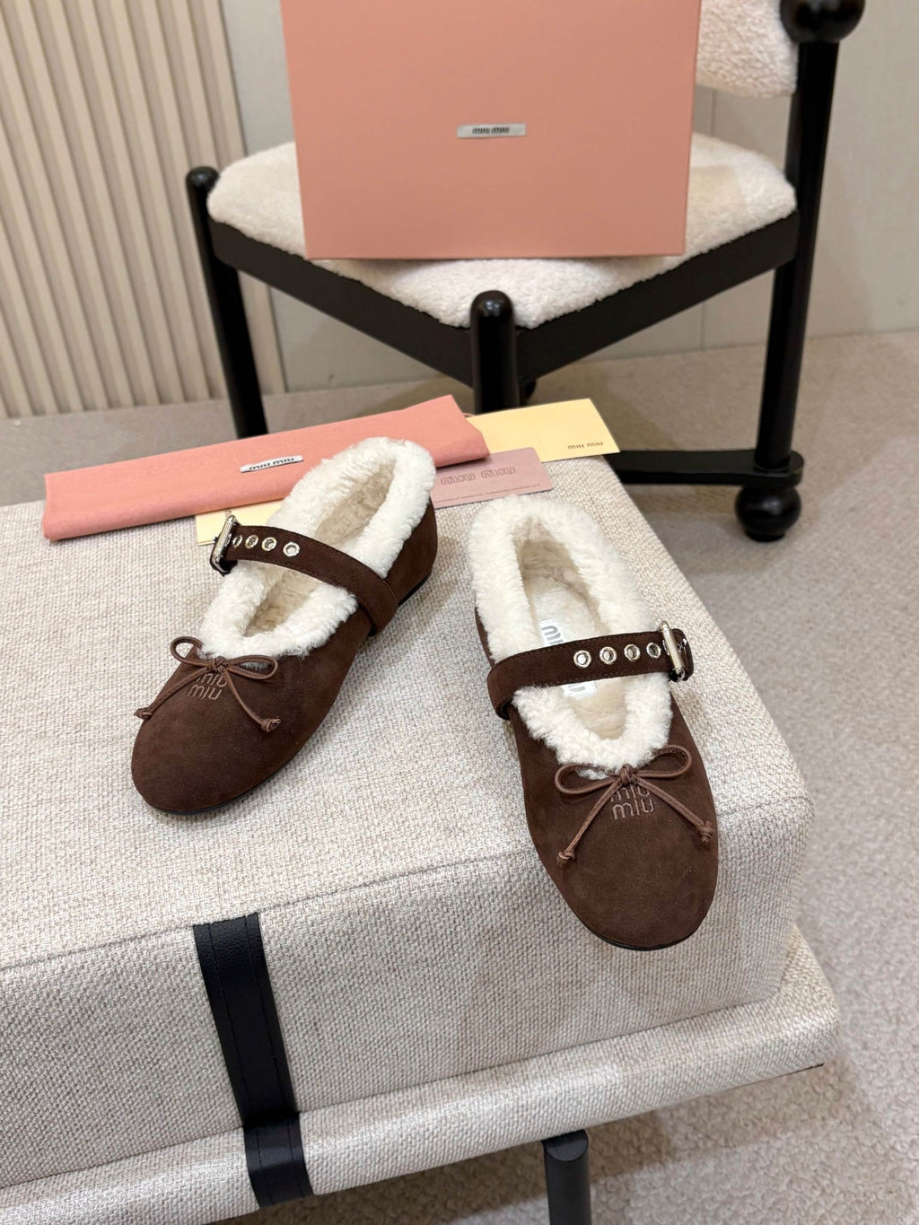 Dark Brown Suede And Shearling Ballerinas