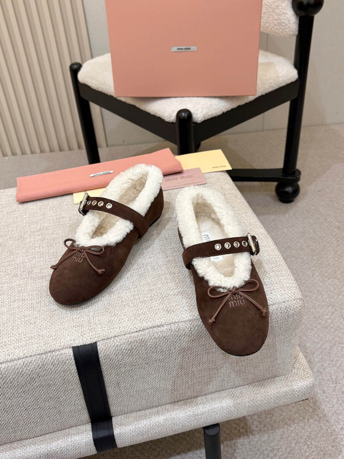 Dark Brown Suede And Shearling Ballerinas