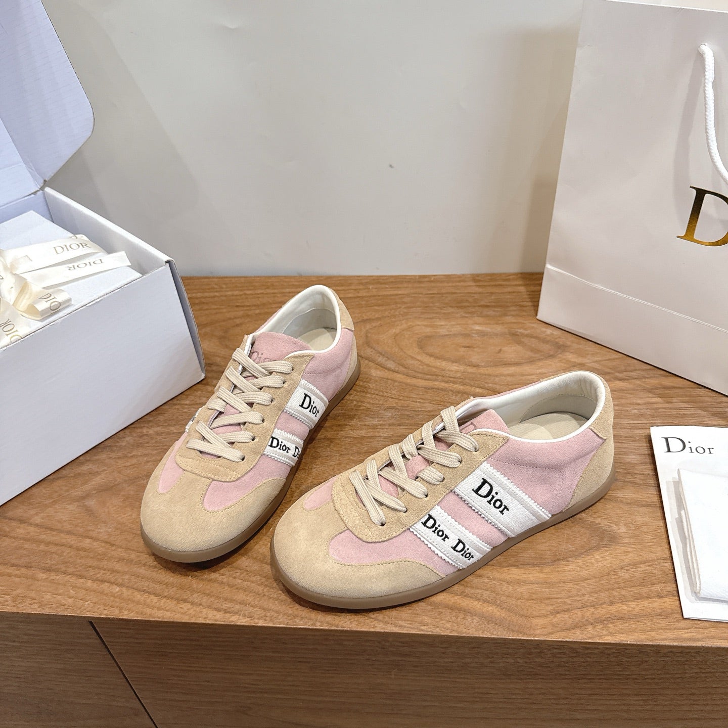 Pink & Beige Suede Ribbon Sneaker