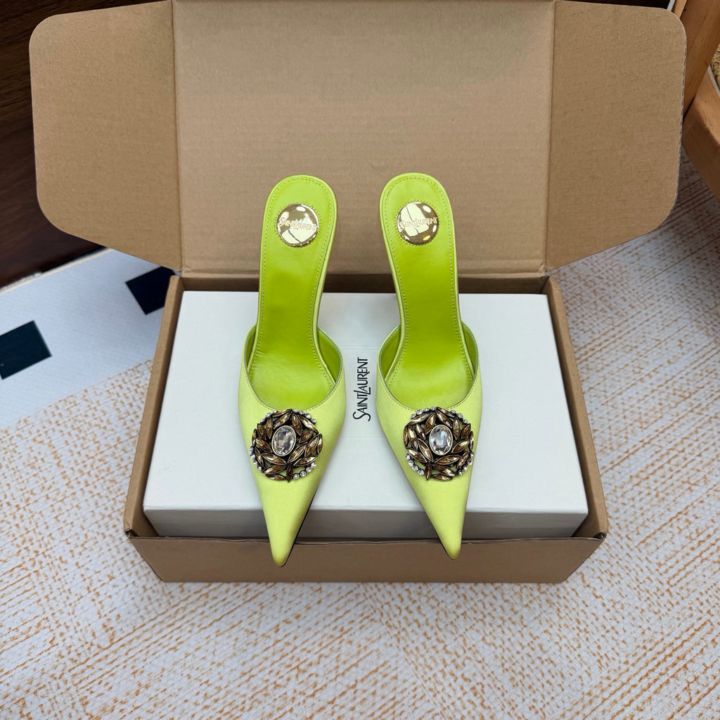 Lemon Green Cosmo Mules In Satin