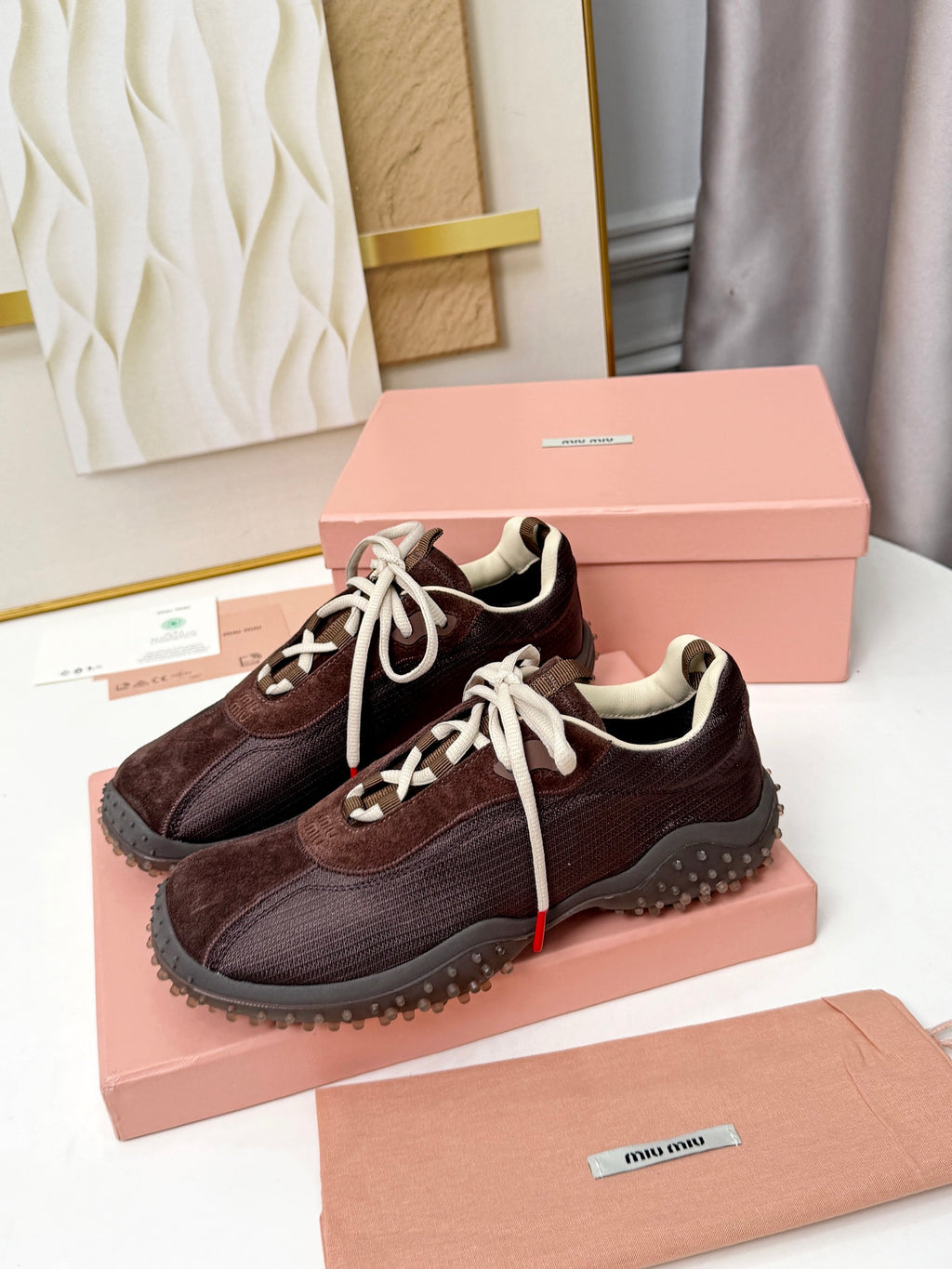 Dark Brown Bubble Technical Fabric & Suede Sneakers