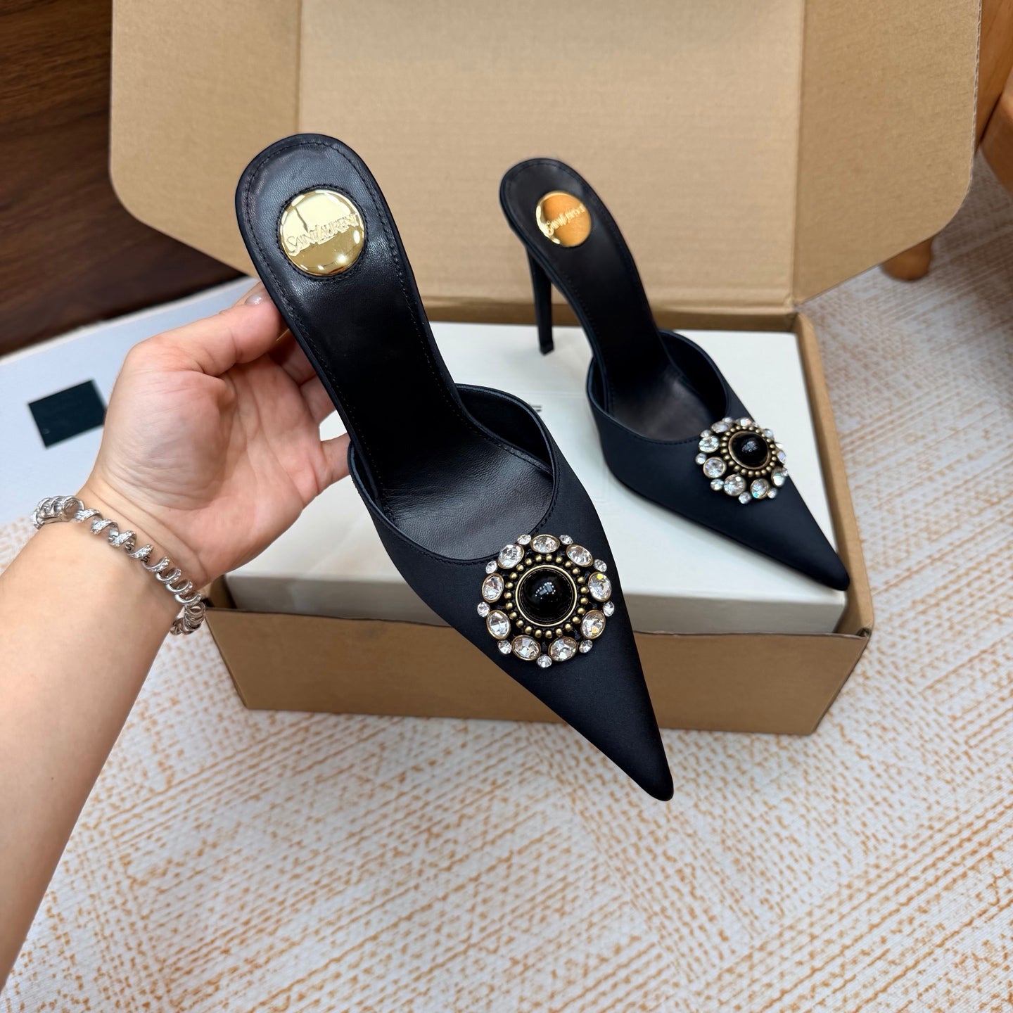 Black Cosmo Mules In Satin