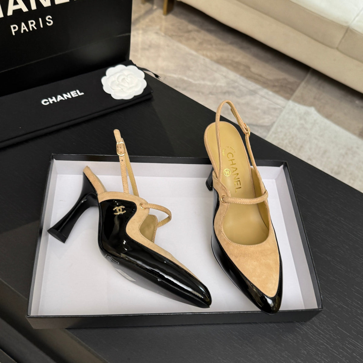 Beige & Black Slingbacks - 4