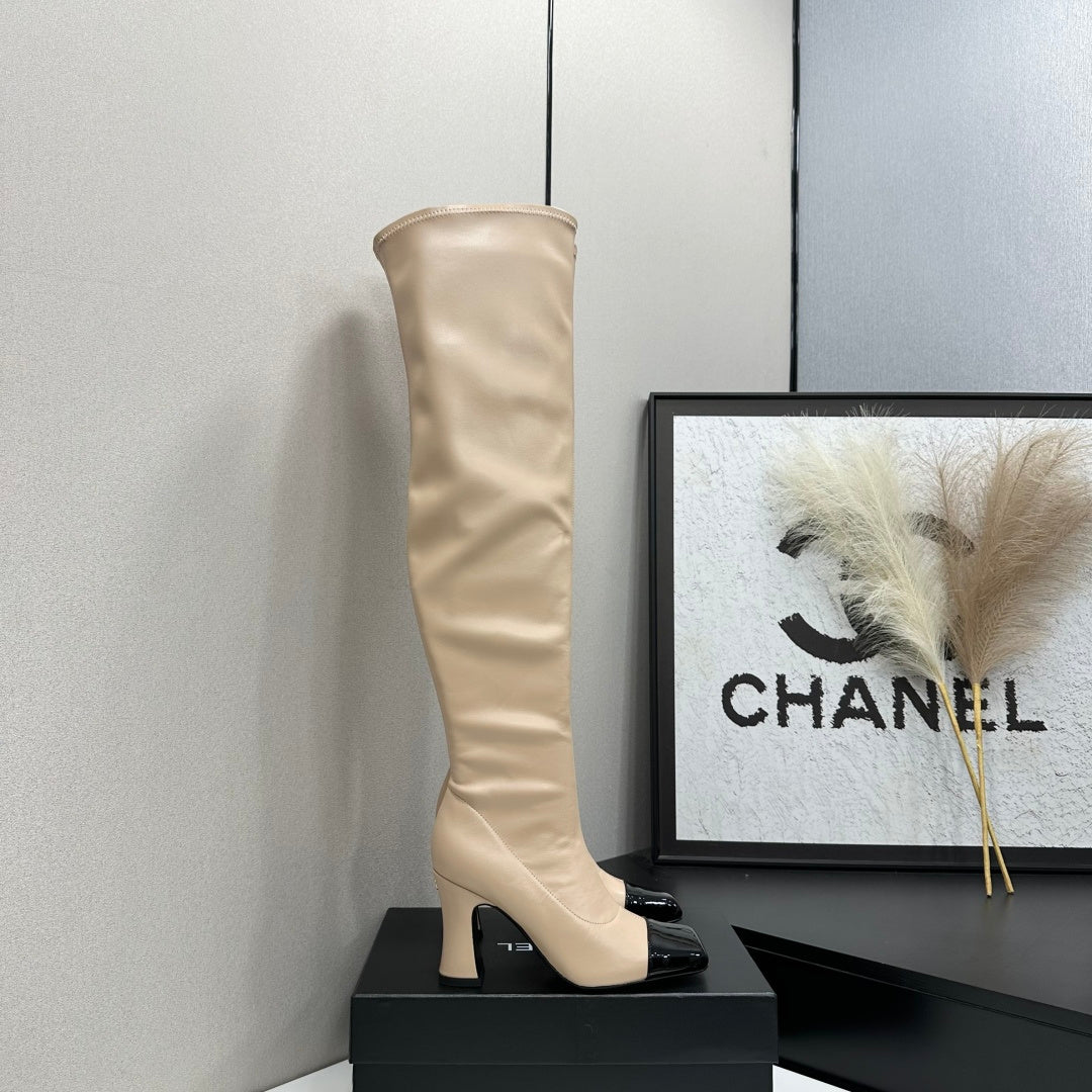Beige & Black Thigh High Boots