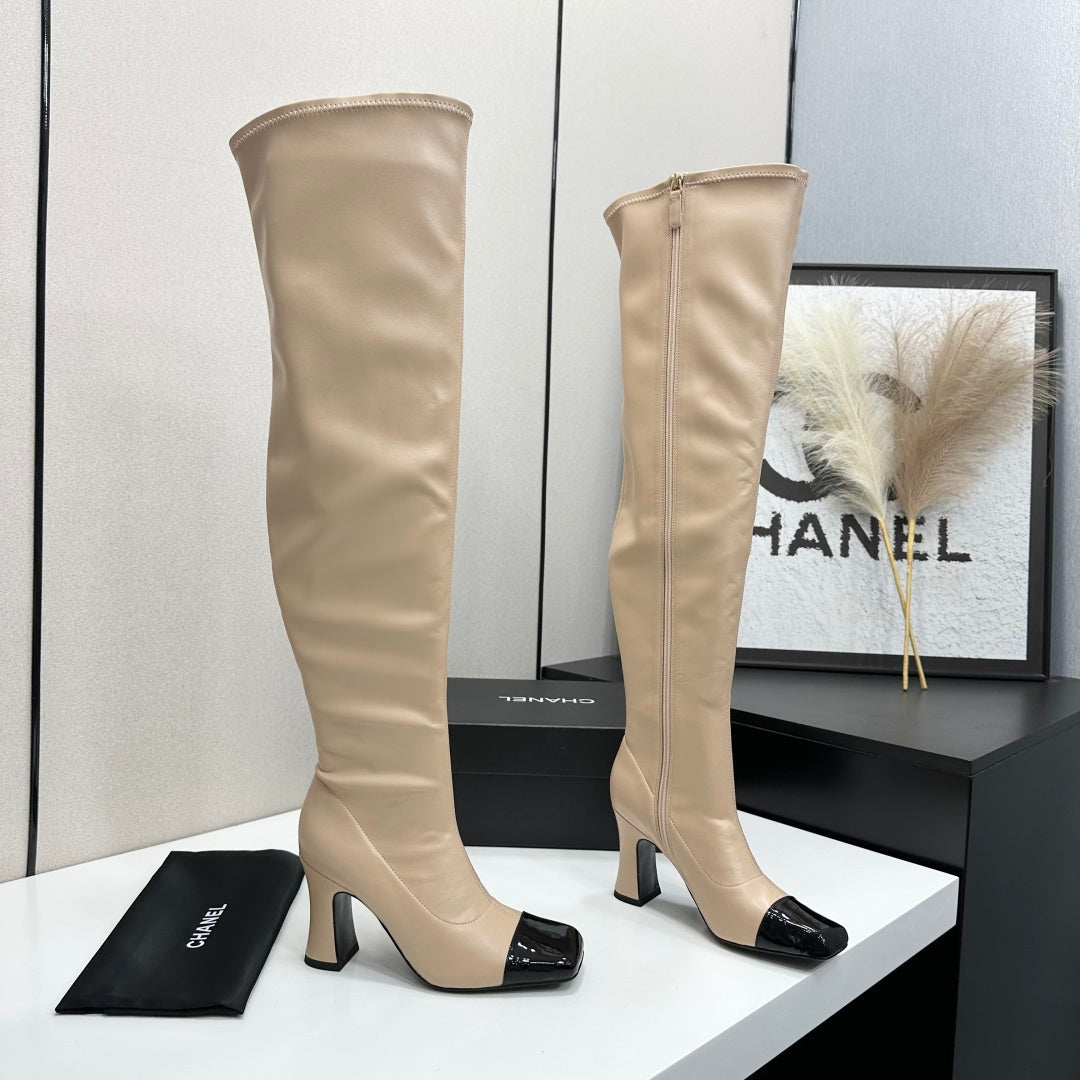 Beige & Black Thigh High Boots