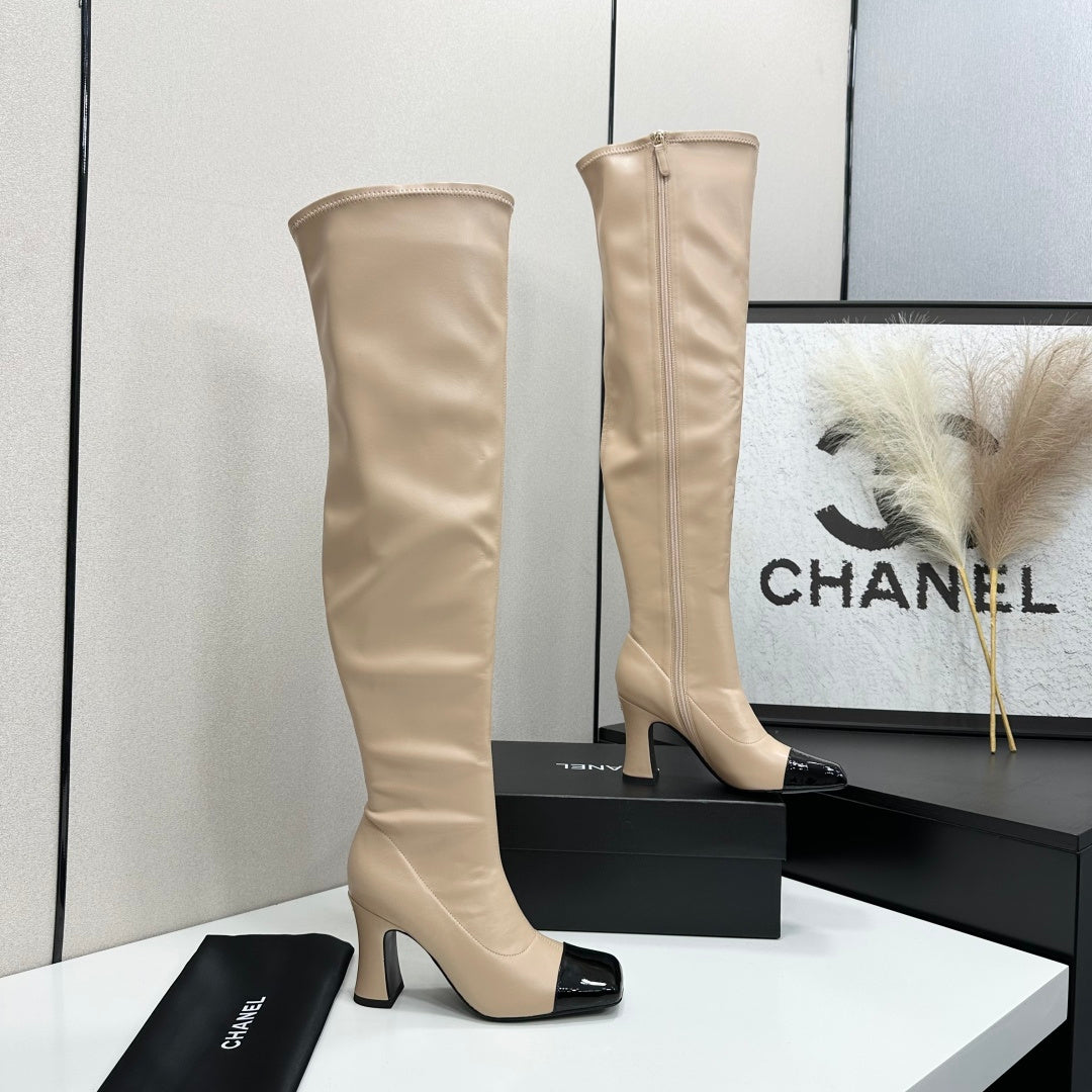 Beige & Black Thigh High Boots