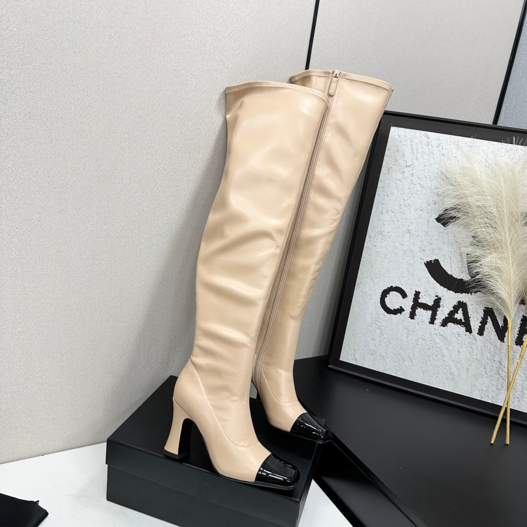 Beige & Black Thigh High Boots