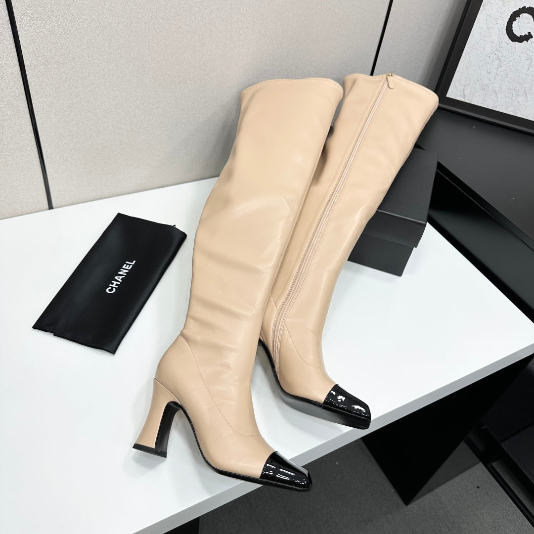 Beige & Black Thigh High Boots