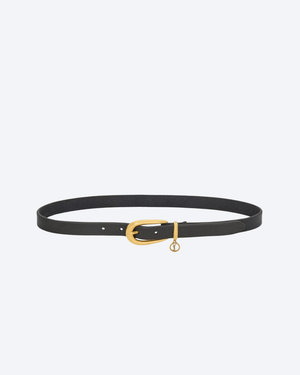 Black Cassandre Charm Elongated Buckle Thin Belt In Leather