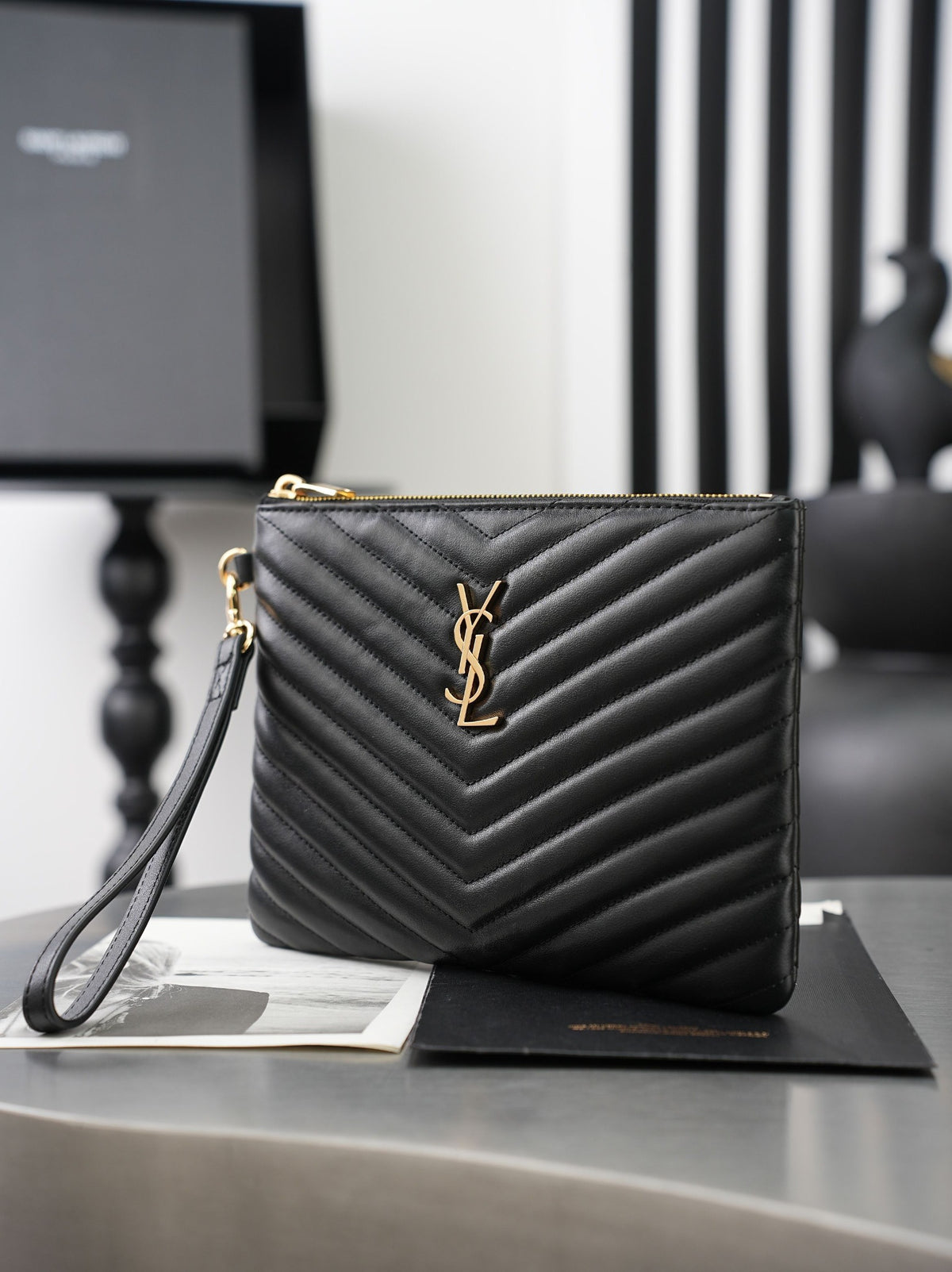 Black Cassandre Matelassé A5 Pouch In Leather