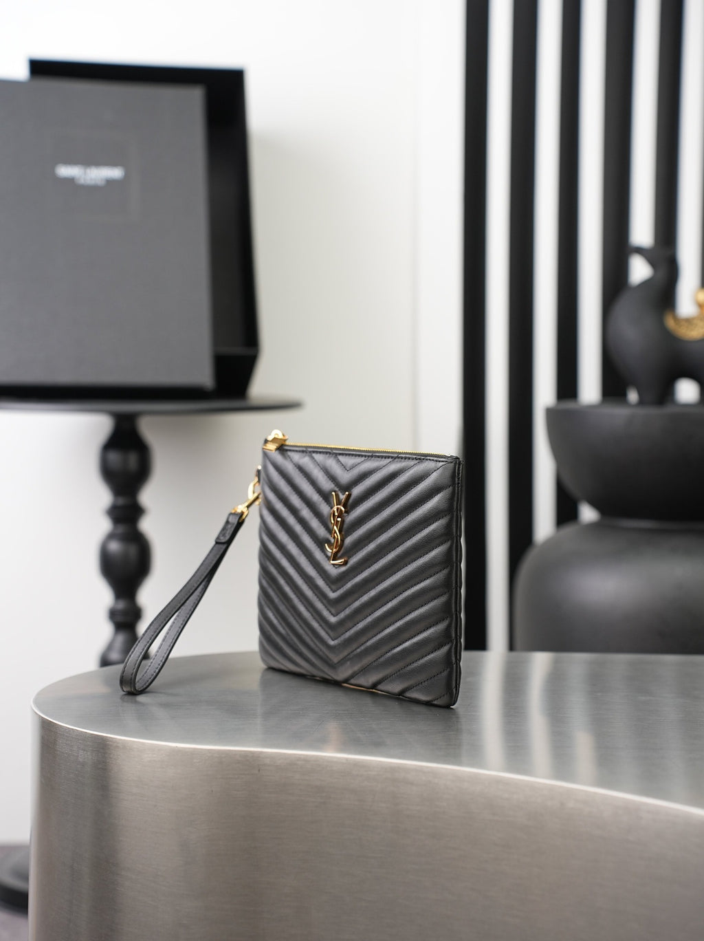 Black Cassandre Matelassé A5 Pouch In Leather