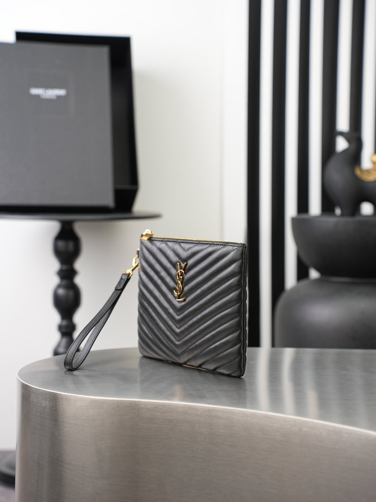 Black Cassandre Matelassé A5 Pouch In Leather