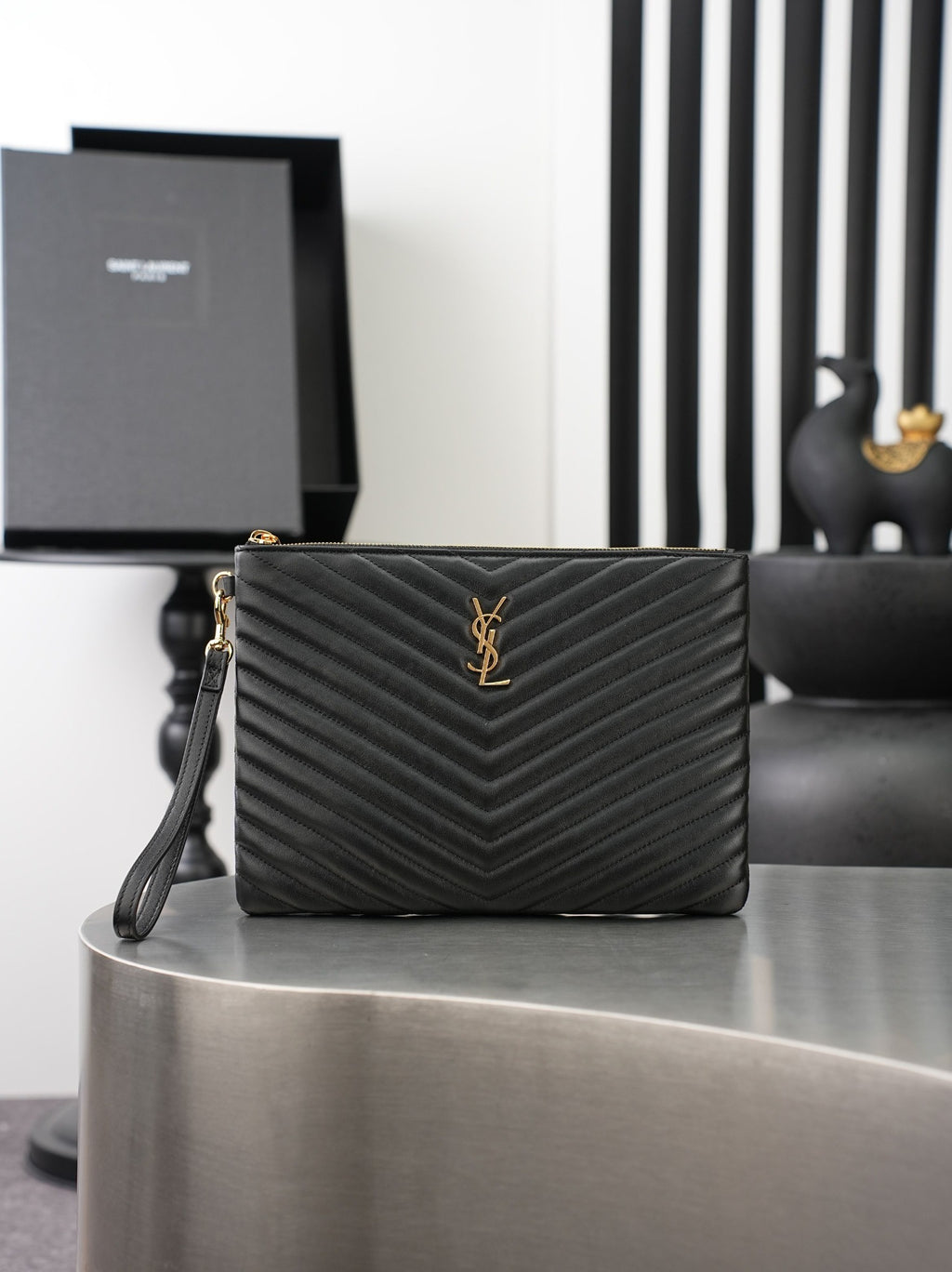 Black Cassandre Matelassé Tablet Pouch In Leather