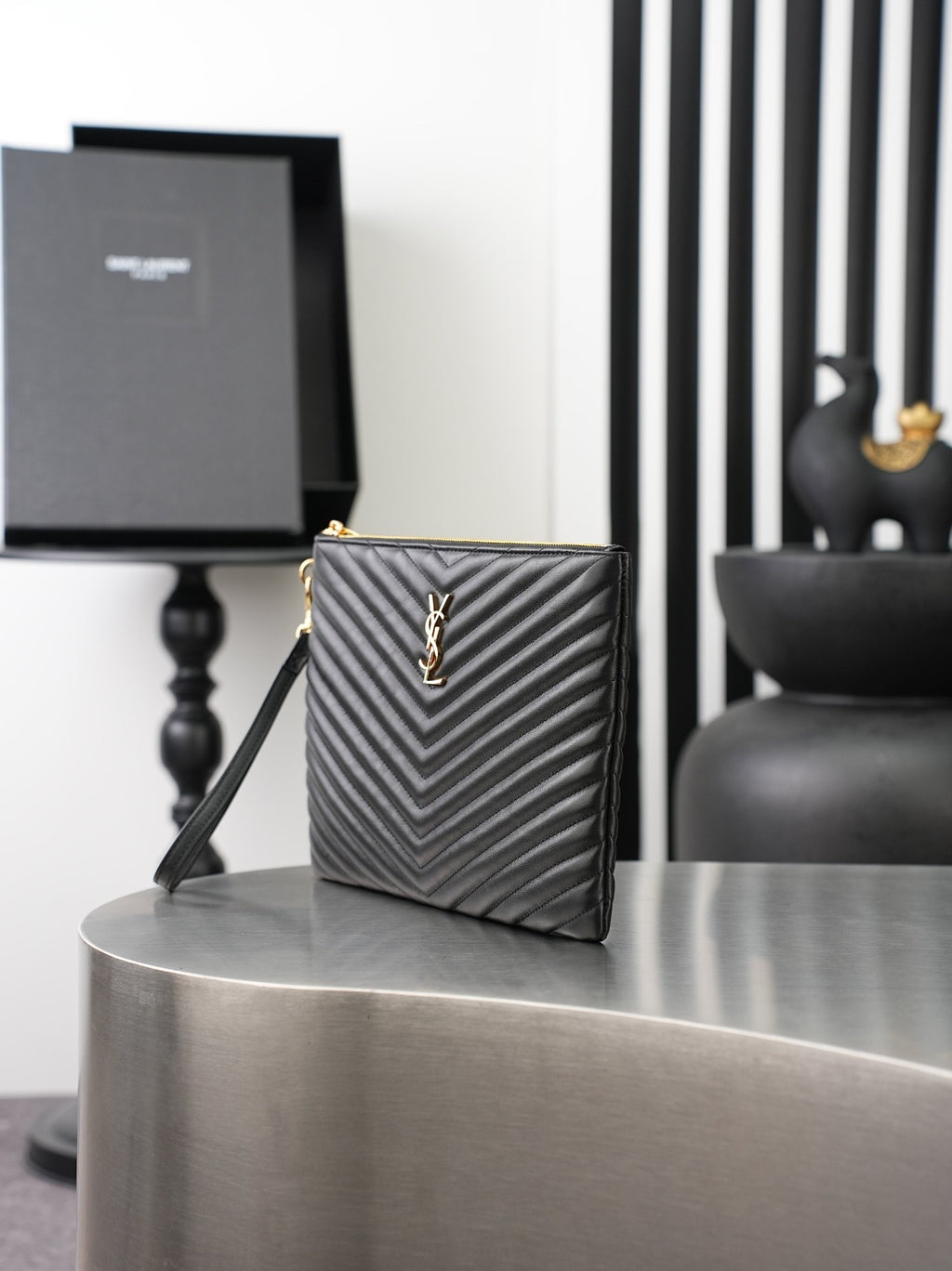 Black Cassandre Matelassé Tablet Pouch In Leather